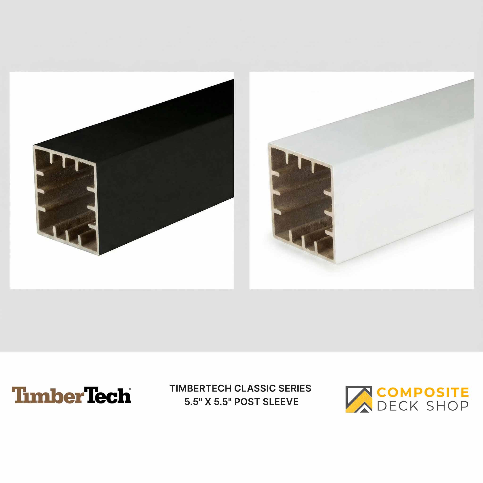 Two TimberTech post sleeve options in black and white, perfect for enhancing your outdoor railing or composite railing setup.