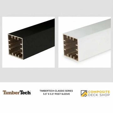 Two TimberTech post sleeve options in black and white, perfect for enhancing your outdoor railing or composite railing setup.