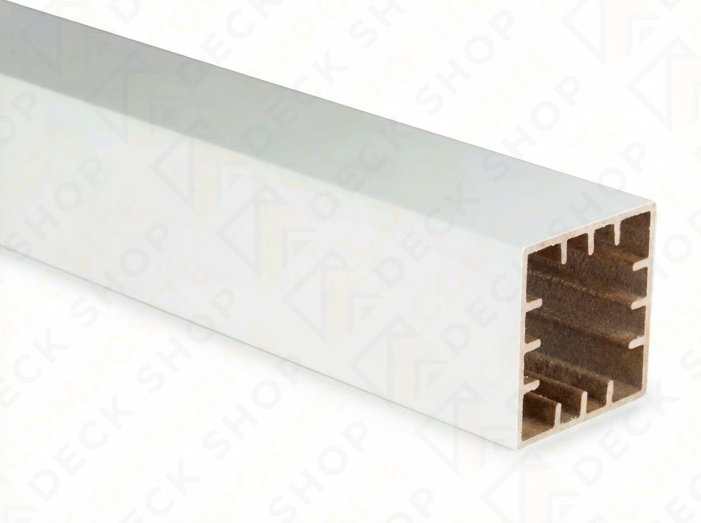 Square white TimberTech post sleeve with hollow interior and reinforced walls, ideal for composite railing or outdoor projects.