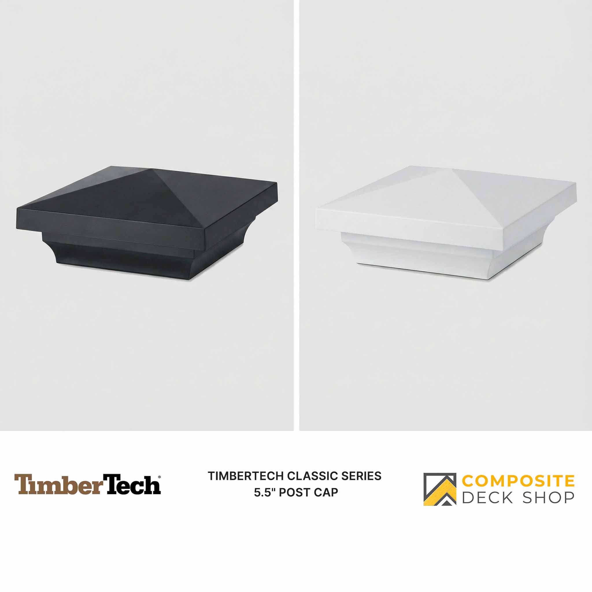 Two TimberTech post cap Classic Series 5.5 shown side by side in Matte White and black finishes for composite railing.
