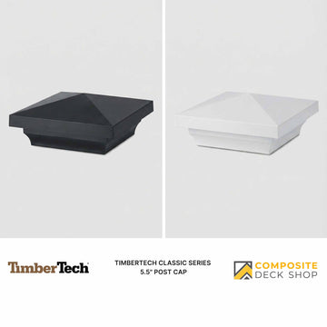 Two TimberTech post cap Classic Series 5.5 shown side by side in Matte White and black finishes for composite railing.