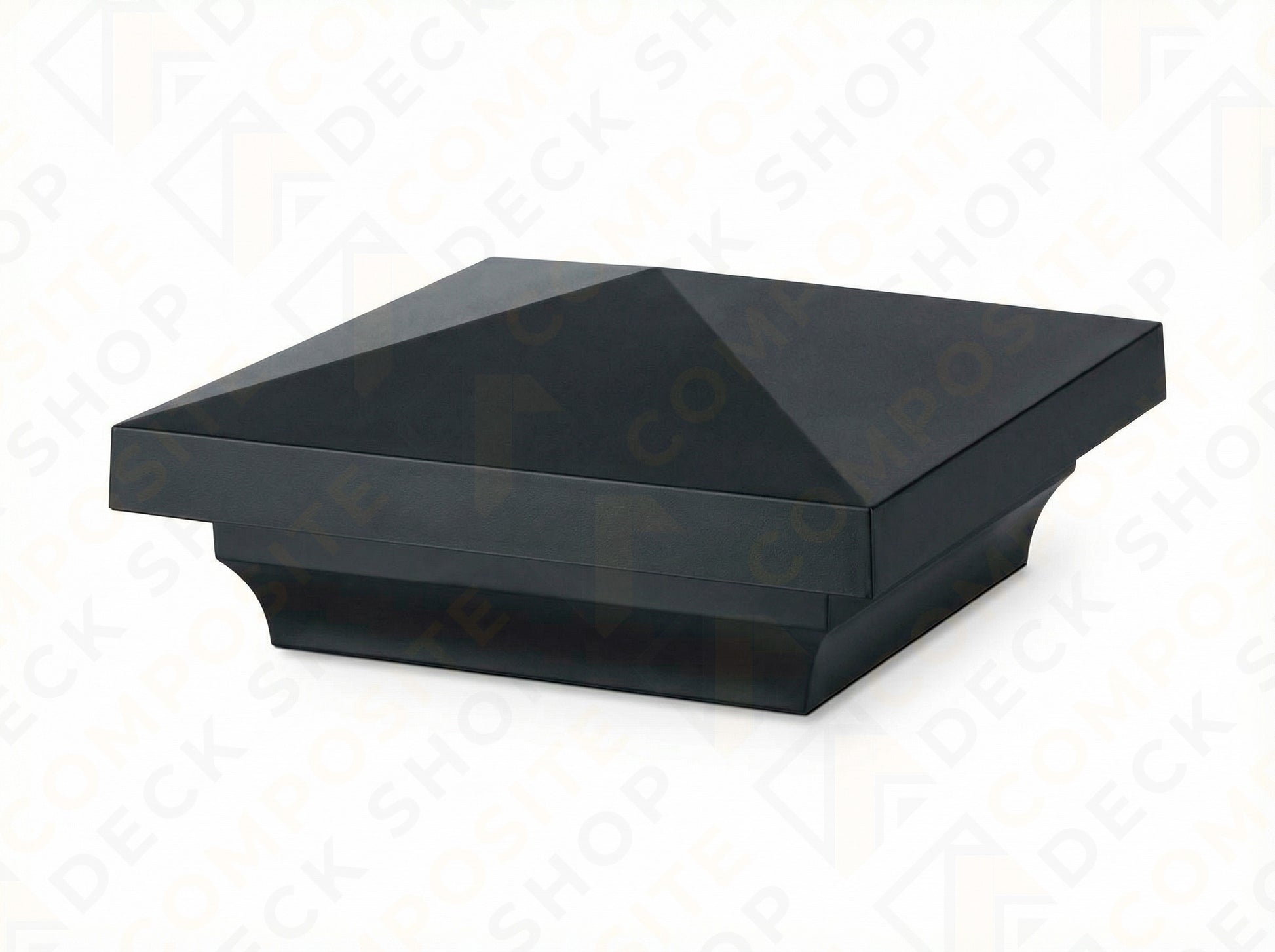 Square black pyramid-topped TimberTech post cap with a wide base, ideal for composite railing or post sleeves.