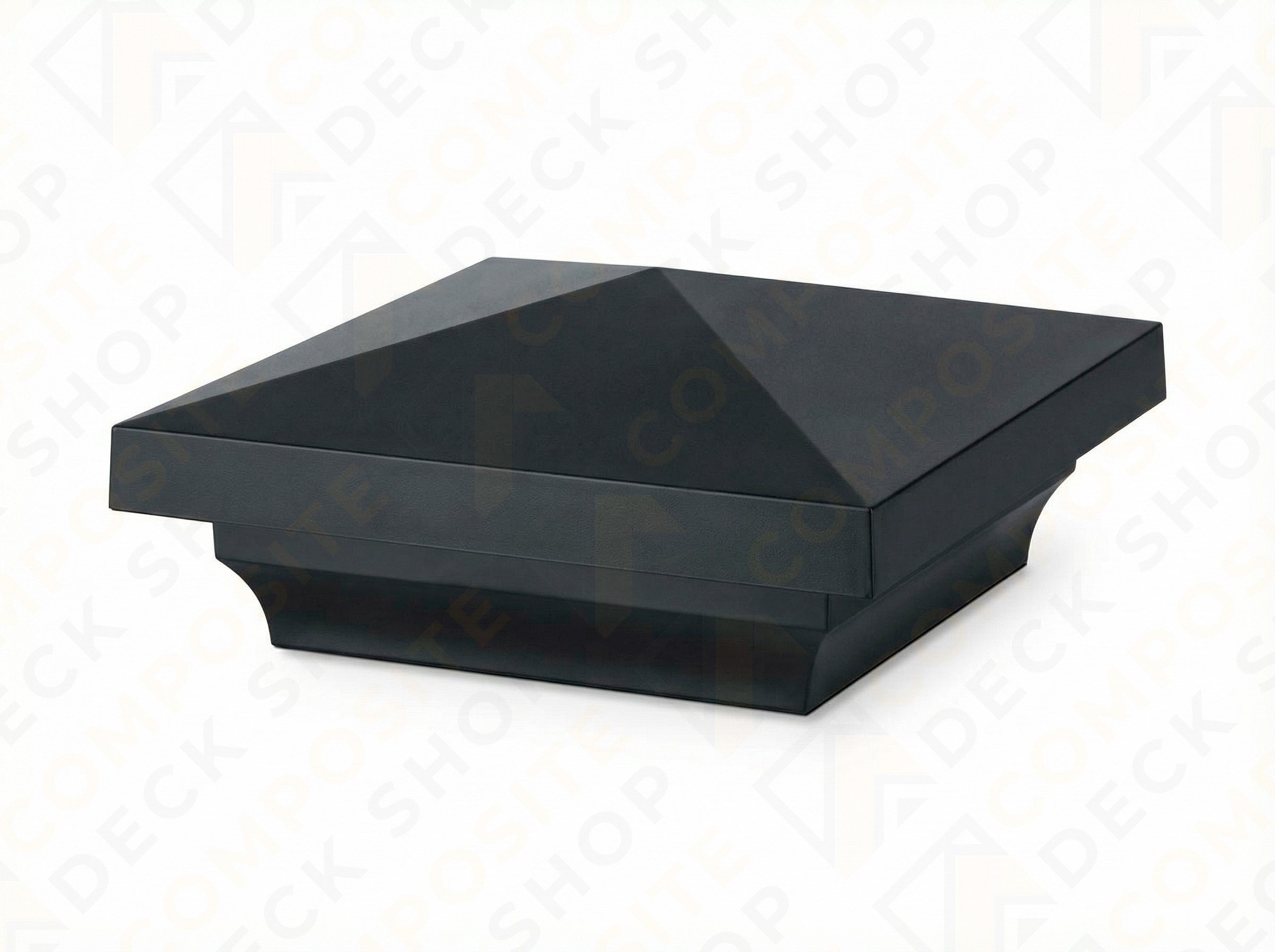 Square black pyramid-topped TimberTech post cap with a wide base, ideal for composite railing or post sleeves.