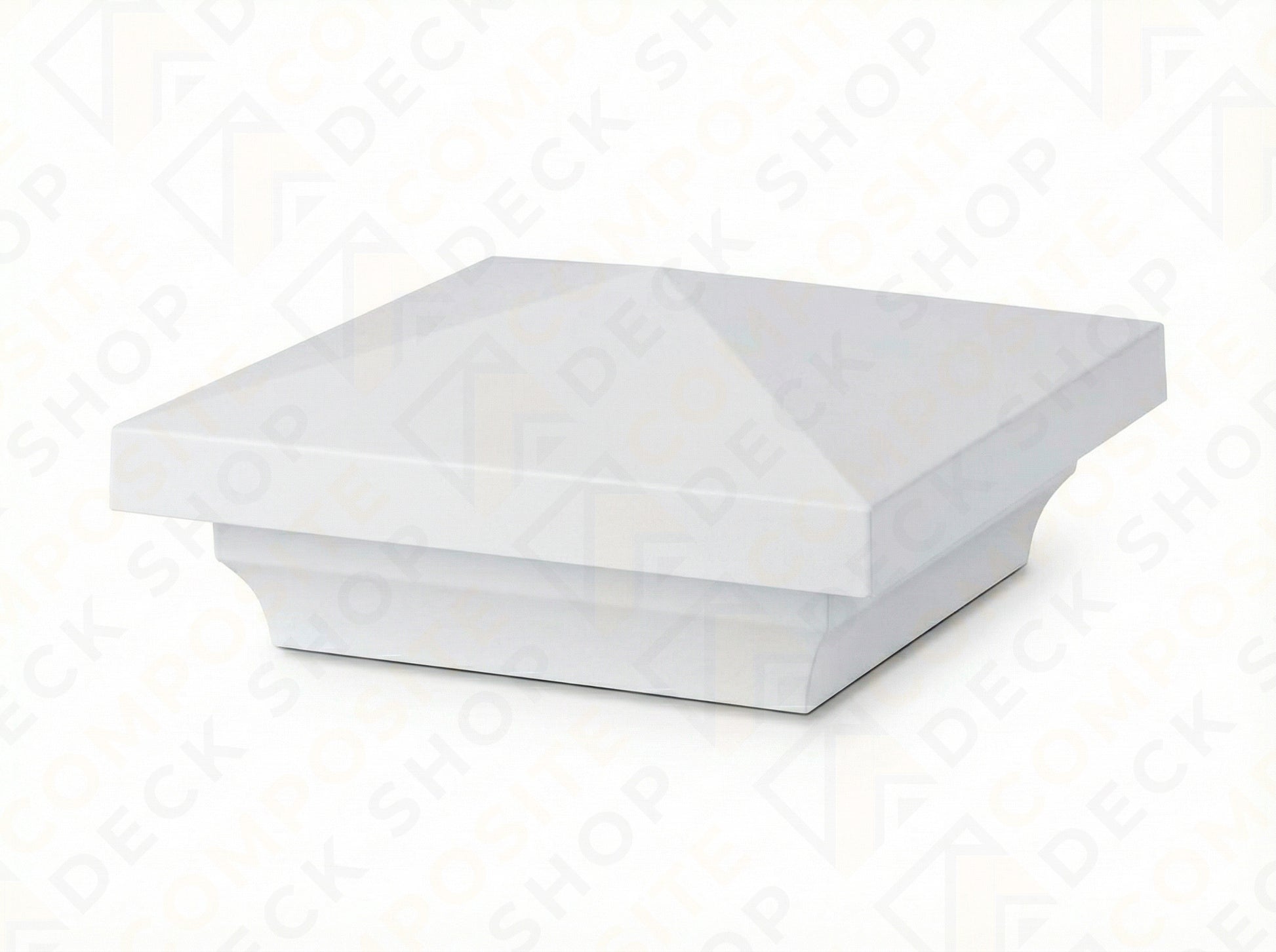 Square white TimberTech post cap with a pyramid top, perfect for Classic Series composite railing or fence posts.