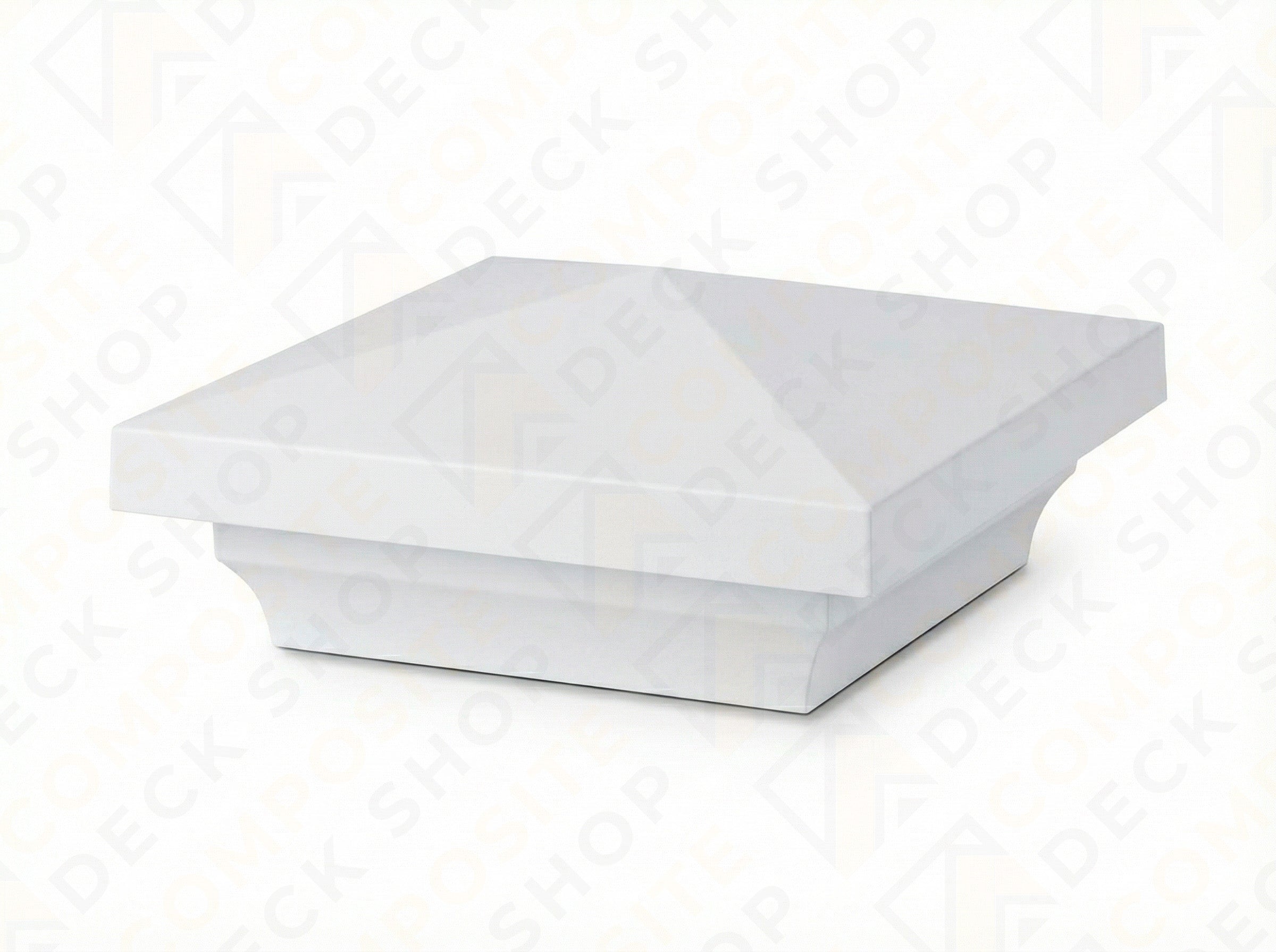 Square white TimberTech post cap with a pyramid top, perfect for Classic Series composite railing or fence posts.