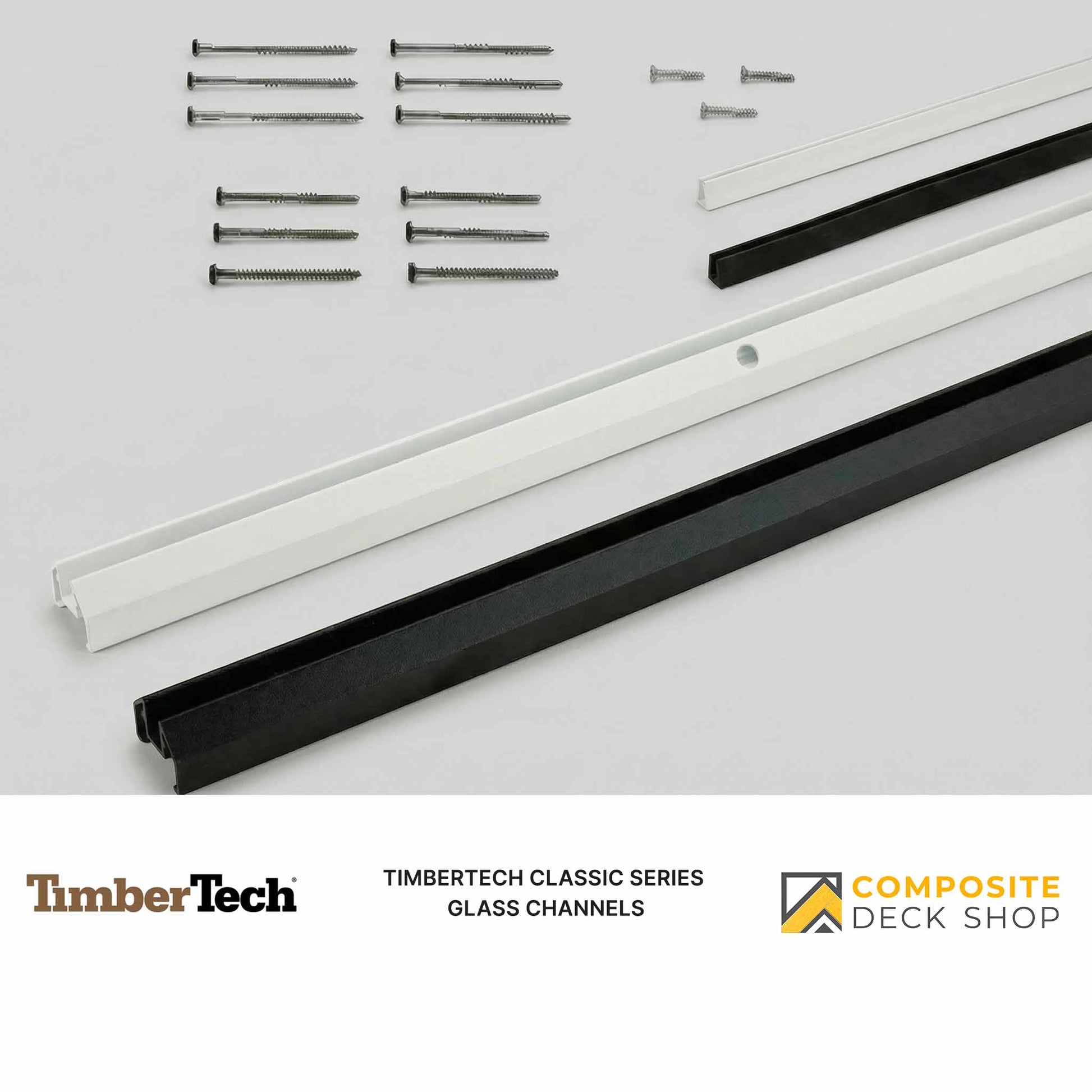 Glass channel kit for TimberTech Glass Channel Rail with glass infill, screws, and hardware on a gray background.