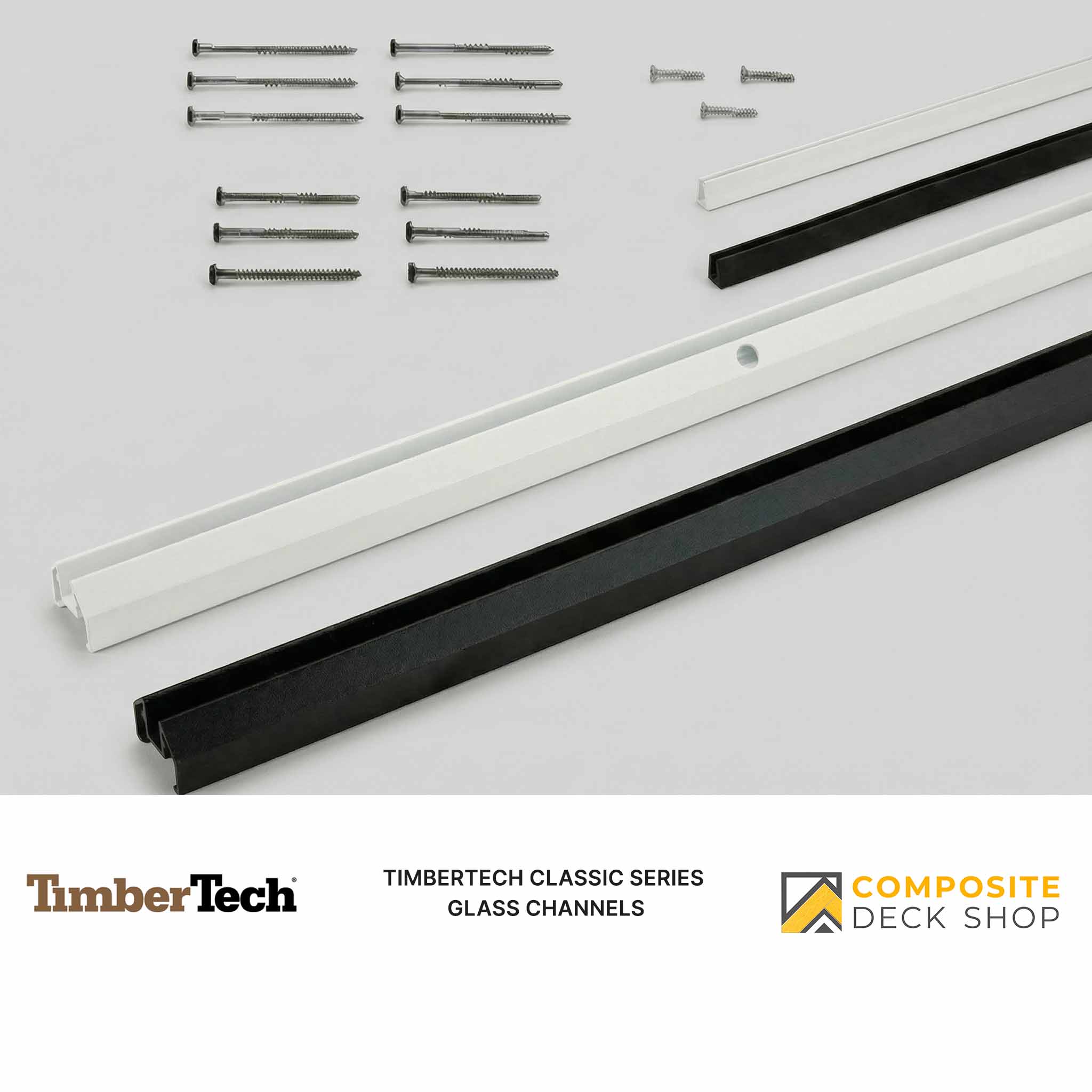 Glass channel kit for TimberTech Glass Channel Rail with glass infill, screws, and hardware on a gray background.