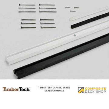 Glass channel kit for TimberTech Glass Channel Rail with glass infill, screws, and hardware on a gray background.