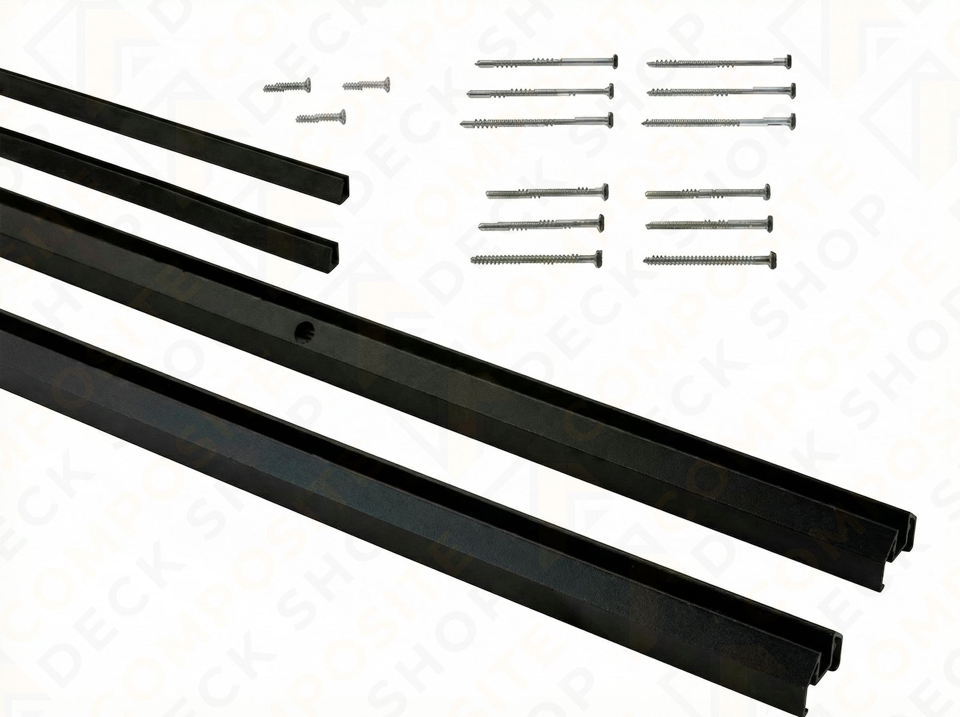 Black metal rails and screws for a TimberTech Glass Channel Rail arranged neatly on a white surface, viewed from above.