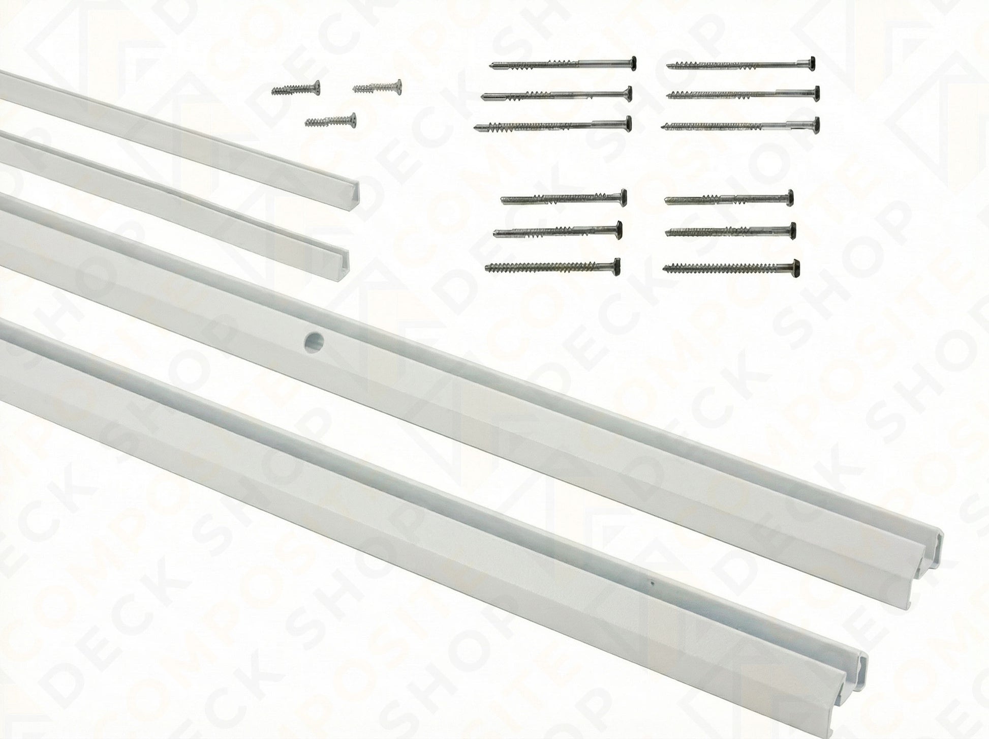 Two white metal rails with screws and fasteners, ideal for TimberTech Glass Channel Rail or glass infill applications.