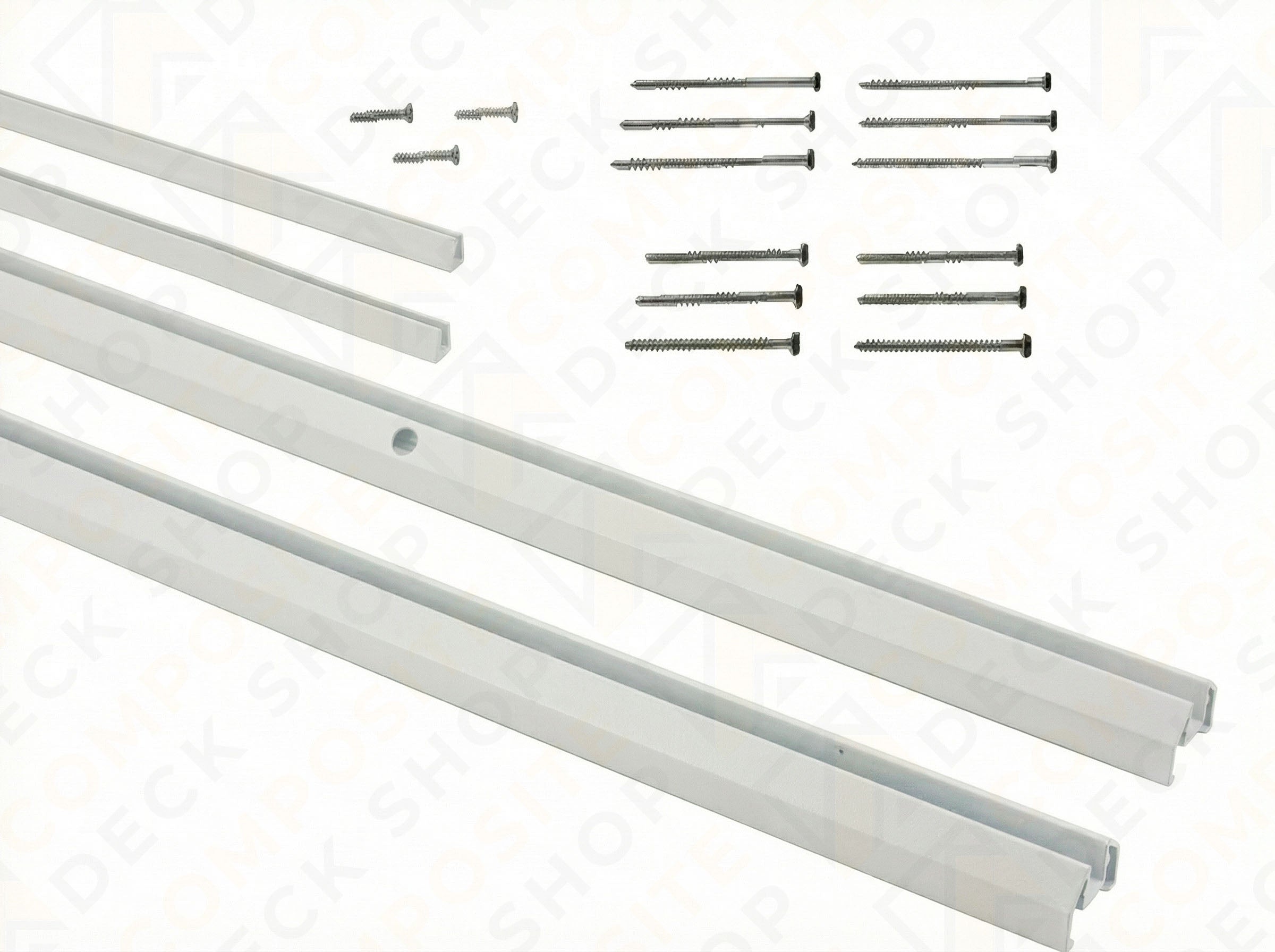 Two white metal rails with screws and fasteners, ideal for TimberTech Glass Channel Rail or glass infill applications.