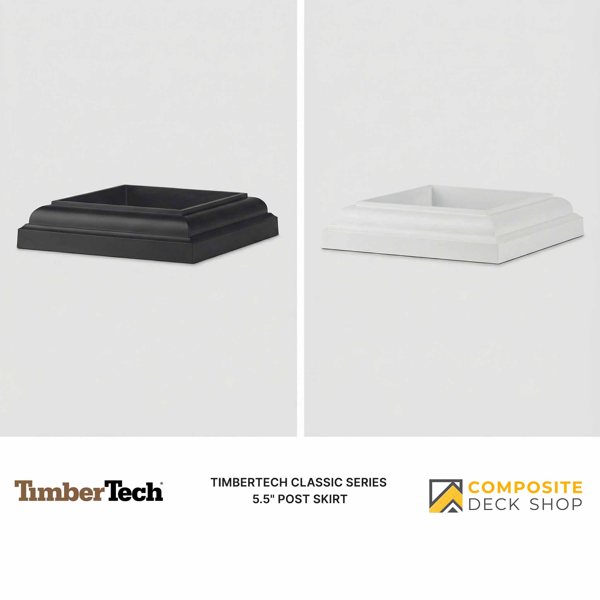 Two Classic Series TimberTech post skirts in black and white, ideal for composite railing, displayed side by side.