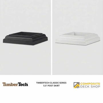 Two Classic Series TimberTech post skirts in black and white, ideal for composite railing, displayed side by side.