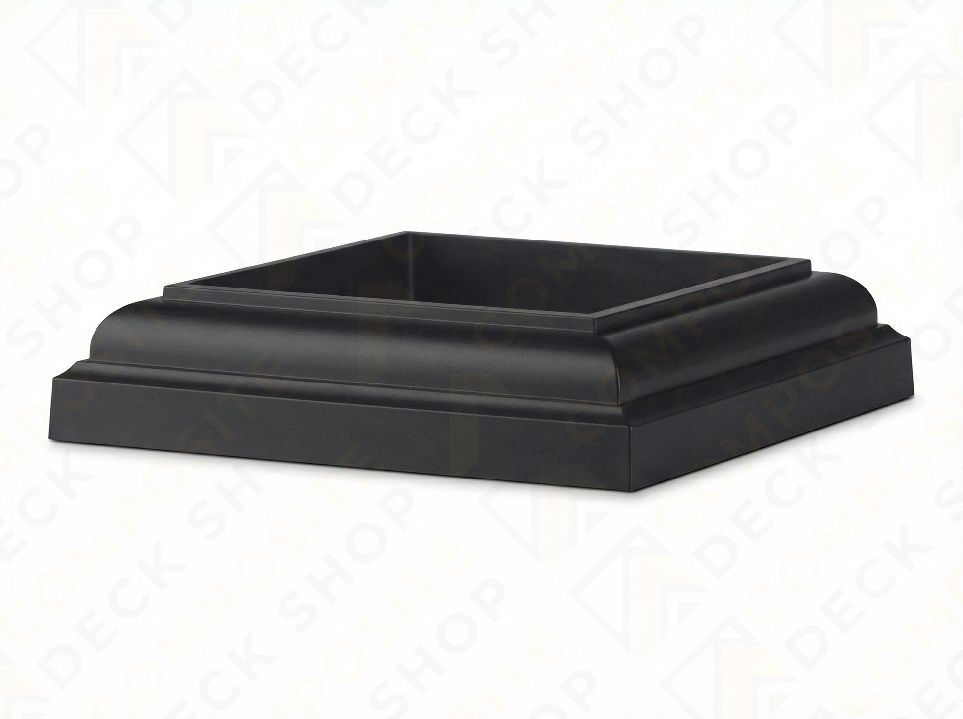 Black square base or plinth with a stepped design, ideal as a composite railing post base trim or TimberTech post skirt.