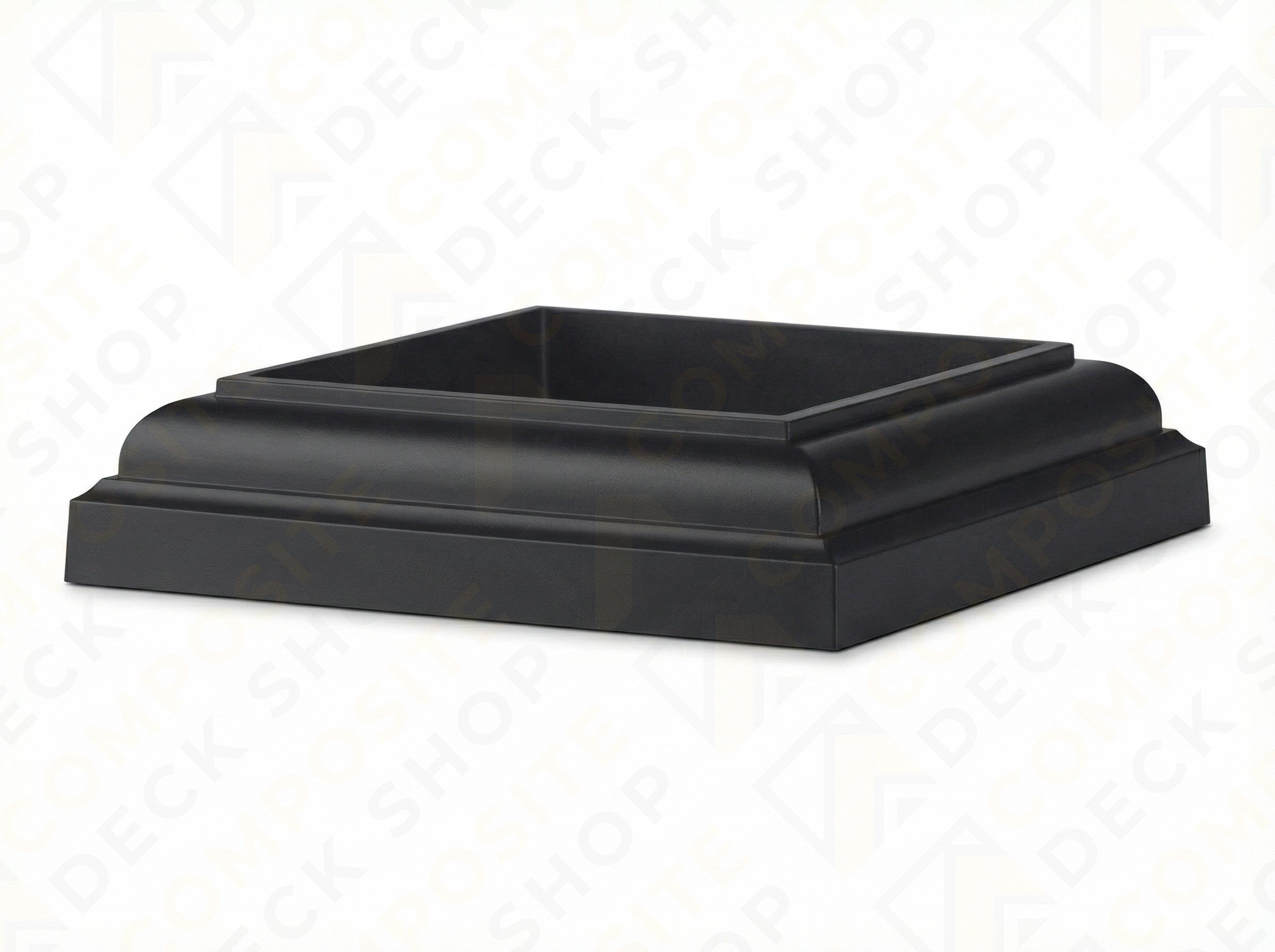 Black square base or plinth with a stepped design, ideal as a composite railing post base trim or TimberTech post skirt.