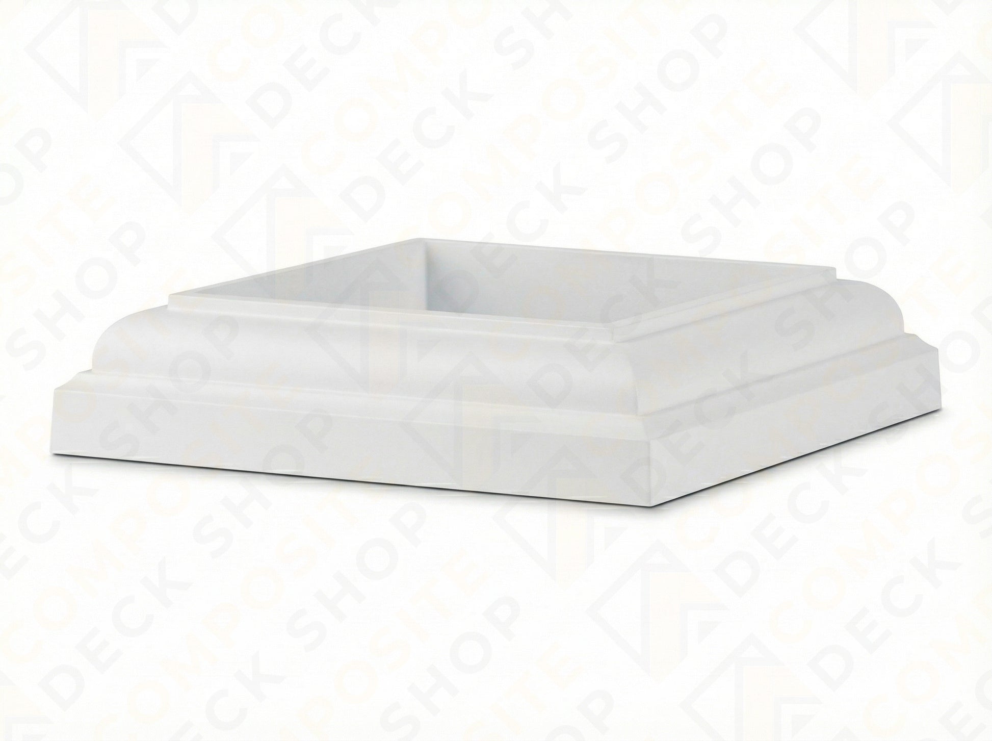 Square white TimberTech post skirt with beveled edges, Classic Series design for composite railing or fence post bases.