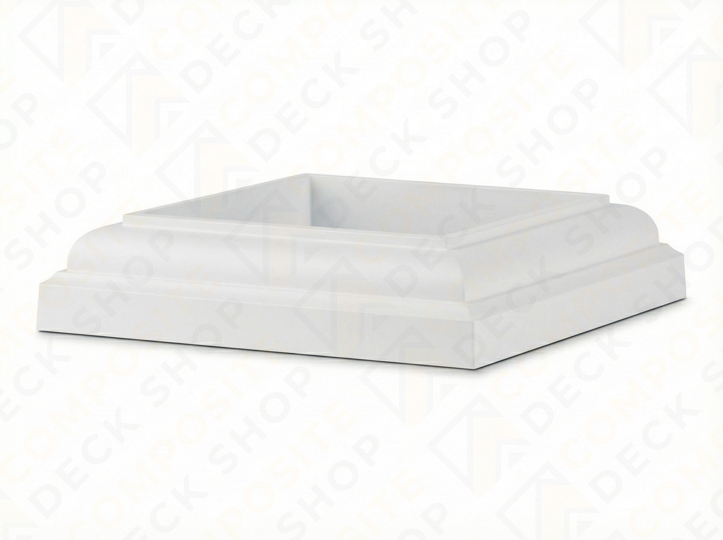 Square white TimberTech post skirt with beveled edges, Classic Series design for composite railing or fence post bases.
