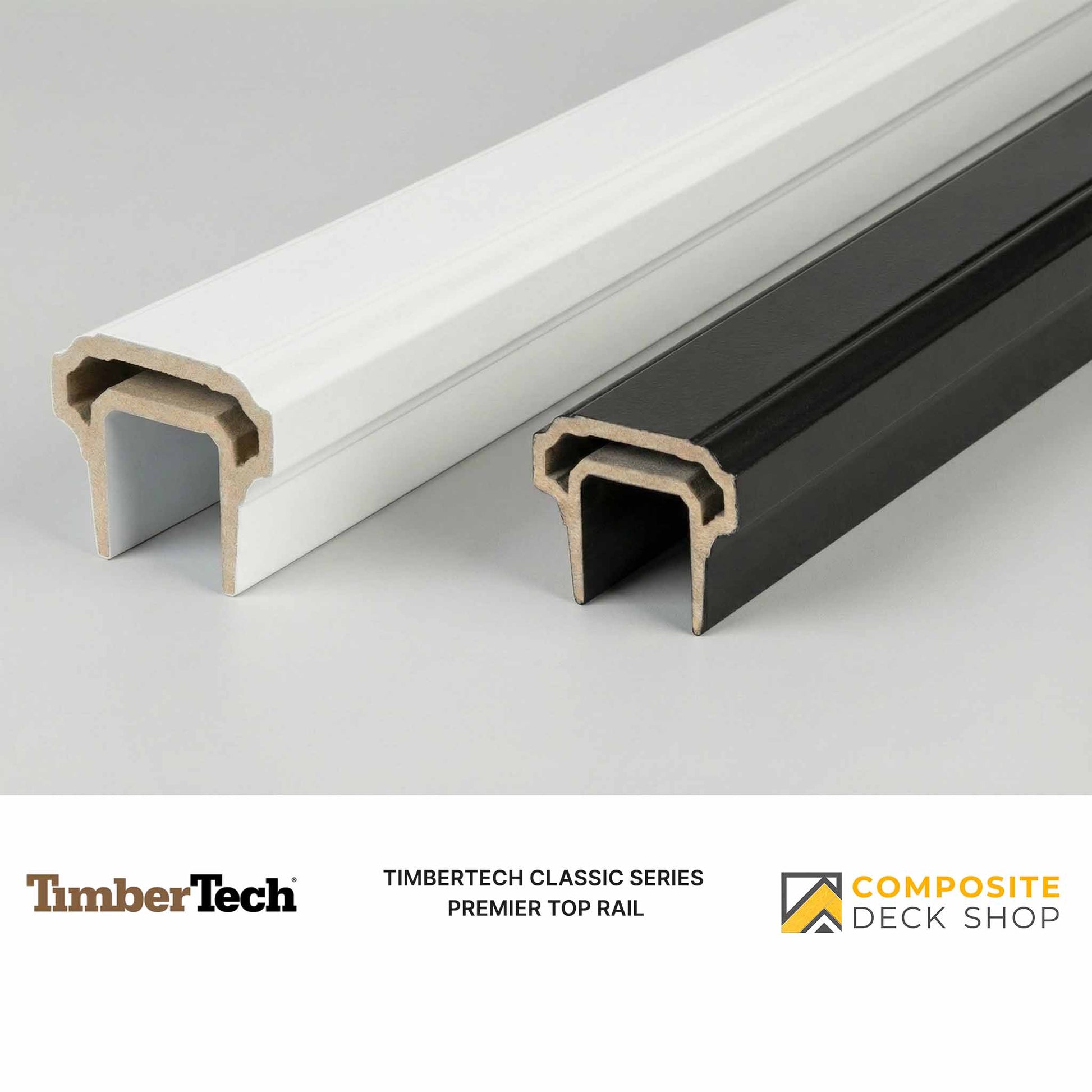 Two TimberTech Premier Top Rail composite railing options from the Classic Series shown in white and black on a gray background.