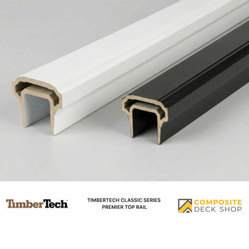 Two TimberTech Premier Top Rail composite railing options from the Classic Series shown in white and black on a gray background.