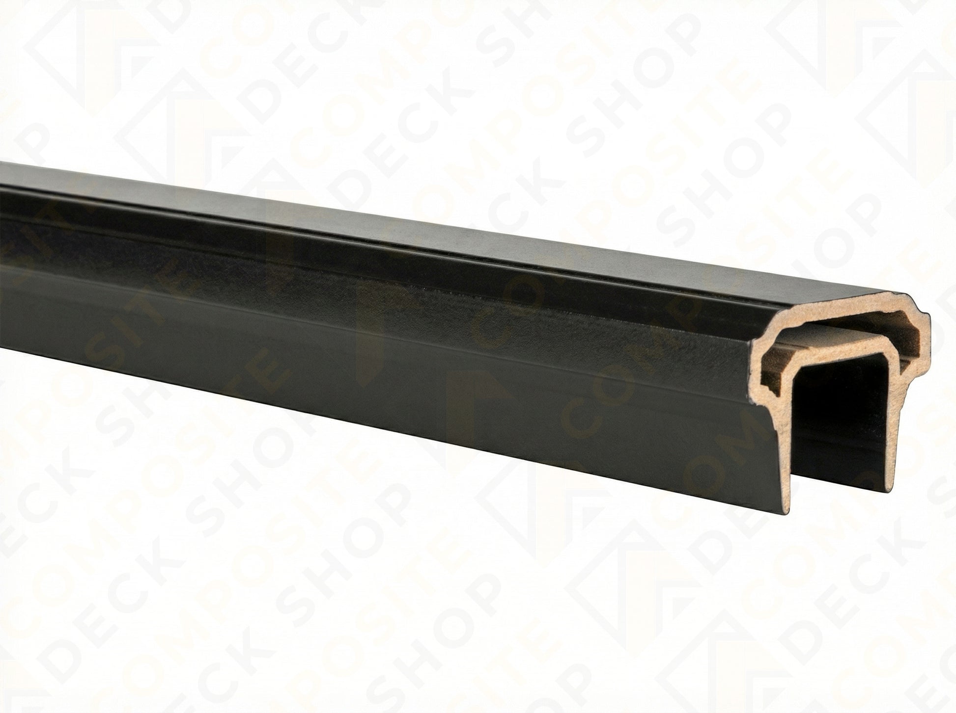 Close-up of a TimberTech Premier Top Rail composite railing with a wood-look interior and U-shaped channel design.