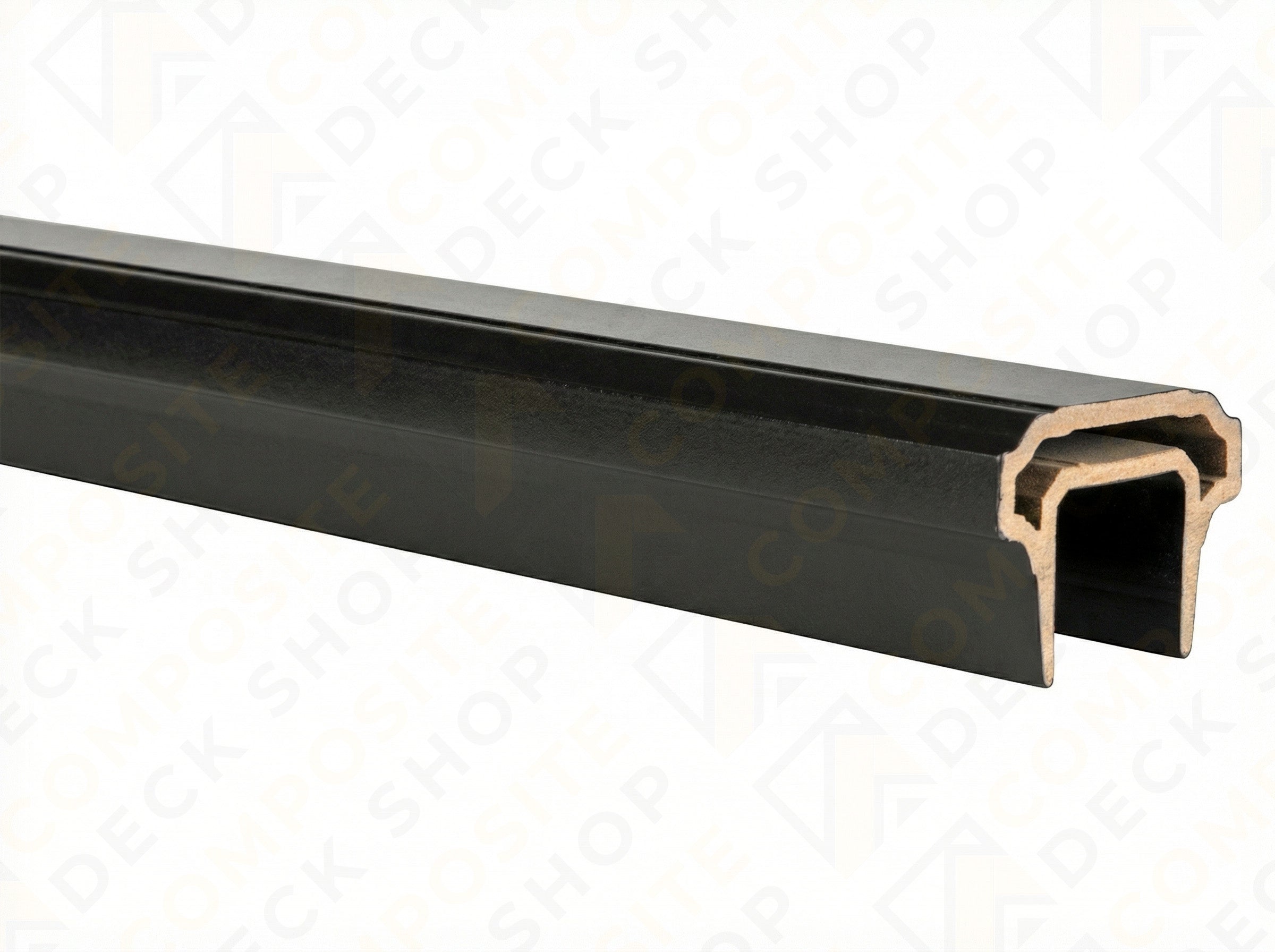Close-up of a TimberTech Premier Top Rail composite railing with a wood-look interior and U-shaped channel design.