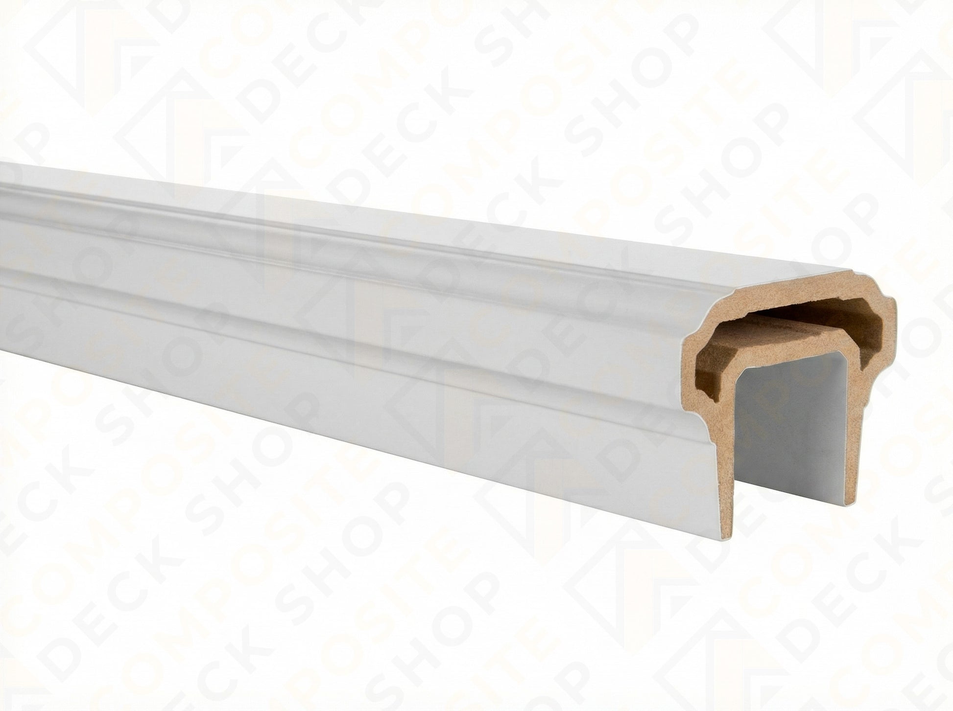 White TimberTech Premier Top Rail composite railing with a wood core and classic series style, shown against a plain background.