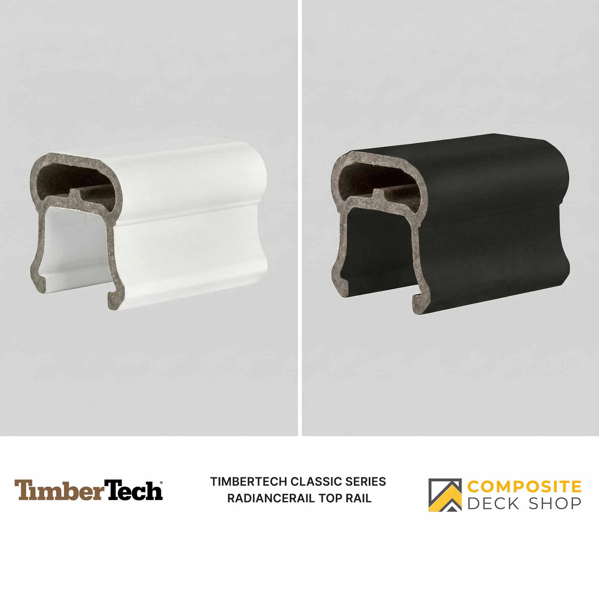 Two TimberTech RadianceRail Classic Series composite railing sections in white and black are shown on a split background.
