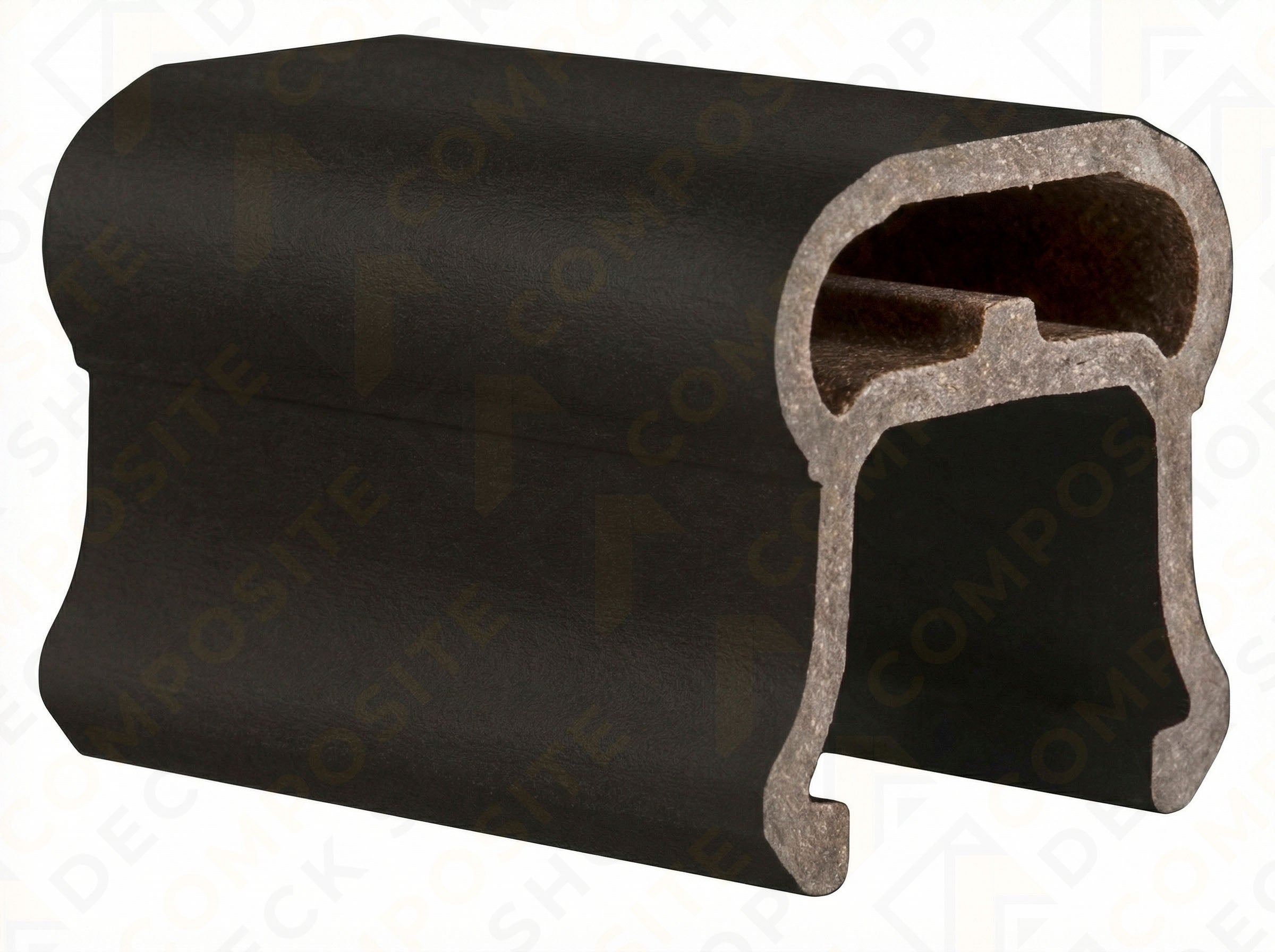 Cross-section of a hollow, black composite decking board with grooved edges for TimberTech RadianceRail composite railing.