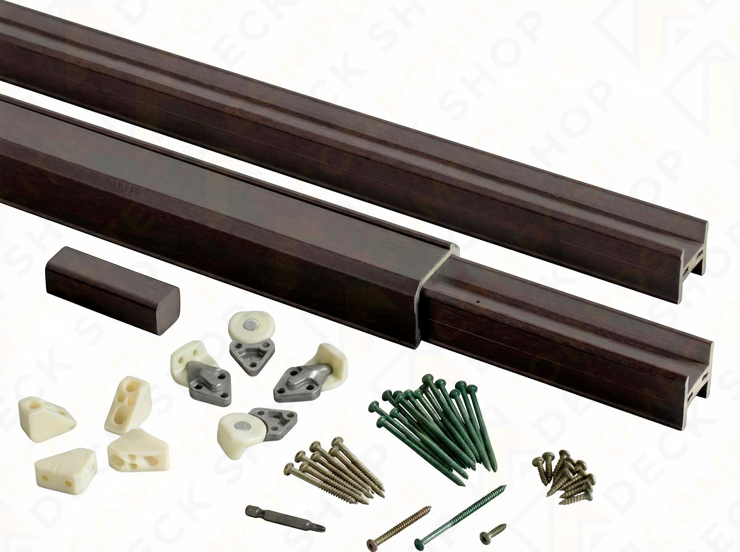 TimberTech Classic Series Composite Rail Pack for outdoor railing includes two rectangular posts, brackets, screws, and hardware.