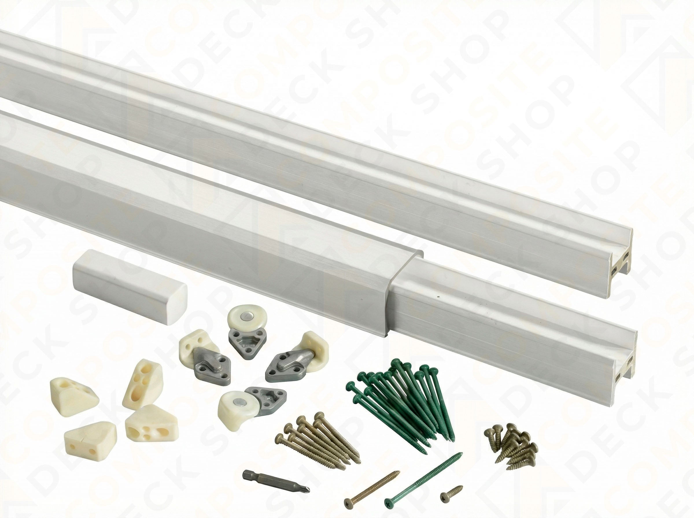 TimberTech Classic Series Aluminum railing kit with composite rail, brackets, end caps, and outdoor railing hardware on white background.