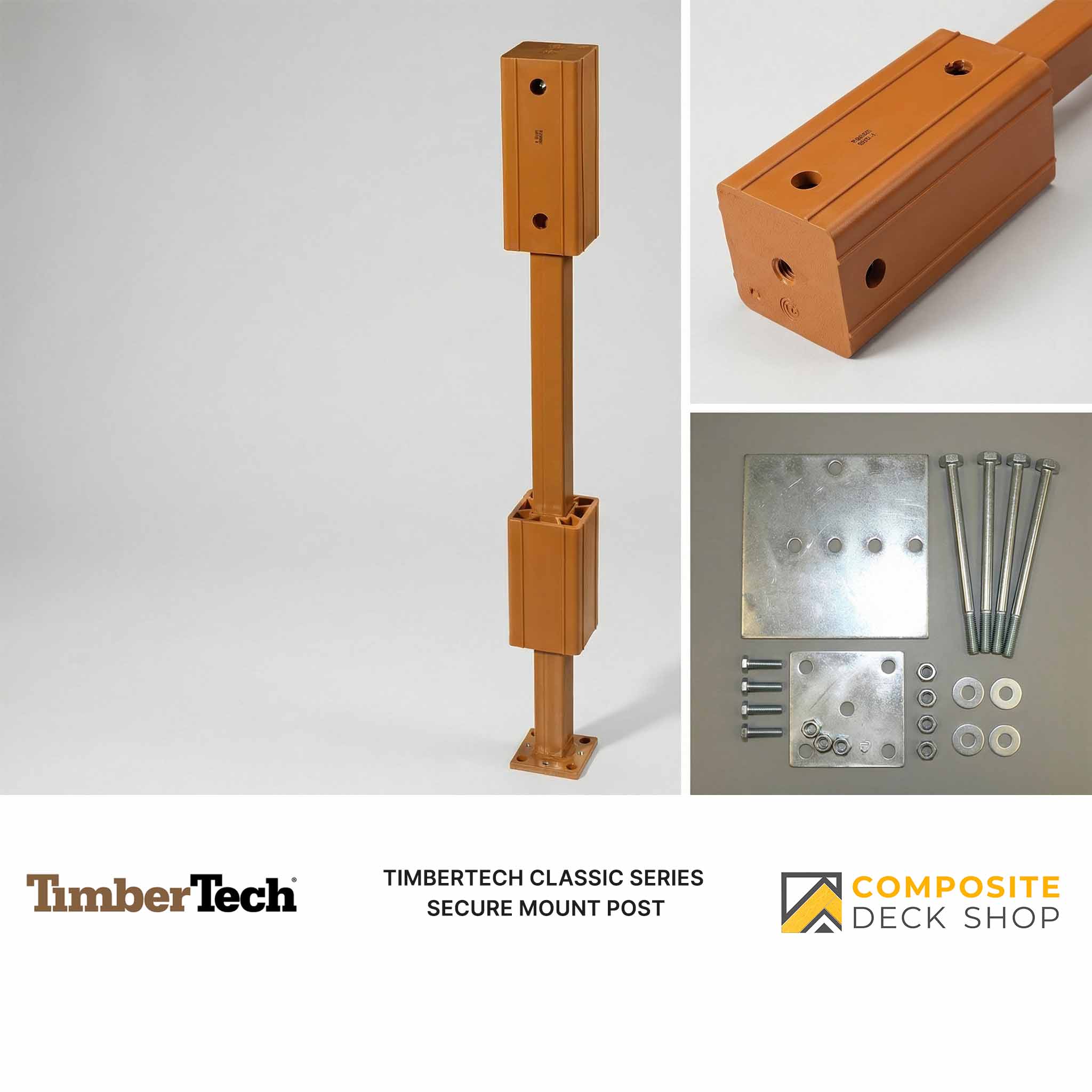 TimberTech Secure-Mount Post deck mounting system with hardware and base plates for railing systems, shown assembled/disassembled.