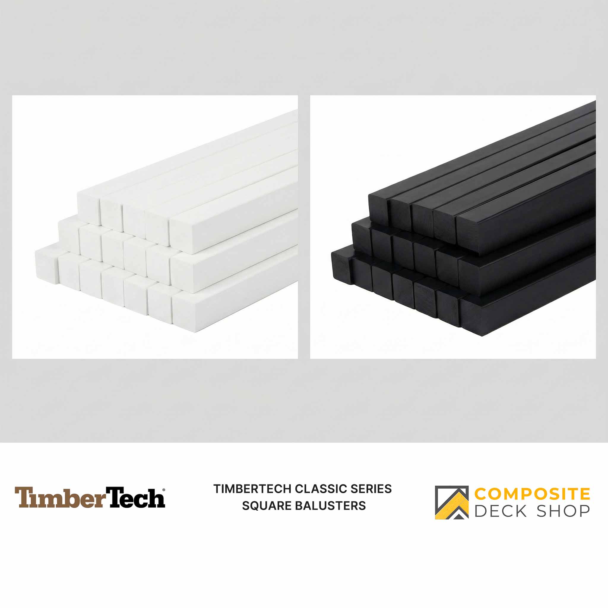 White and black square balusters with TimberTech and Composite Deck Shop branding.