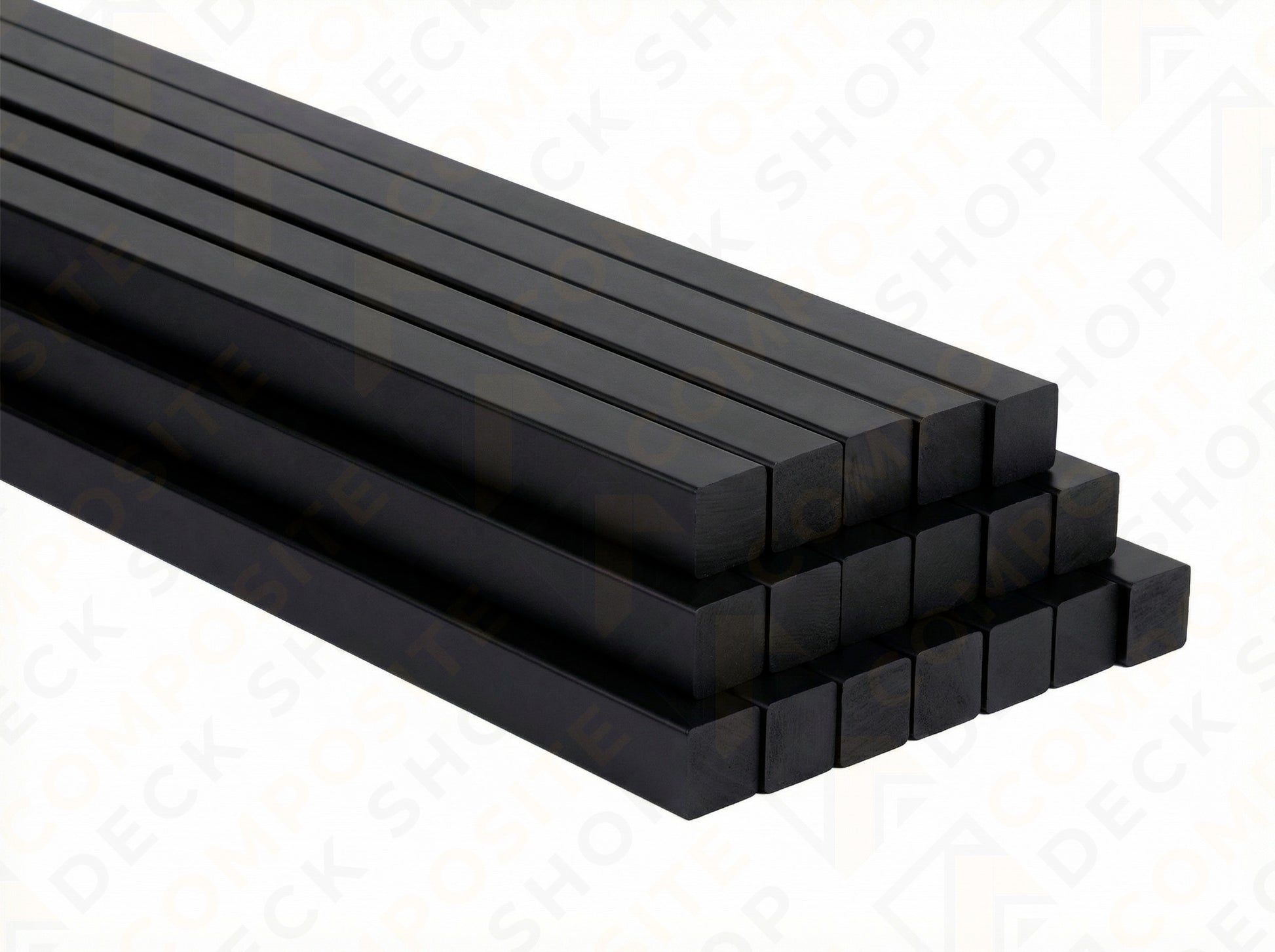 Stack of rectangular black composite decking joists, perfect for outdoor spaces or pairing with TimberTech Square Balusters.