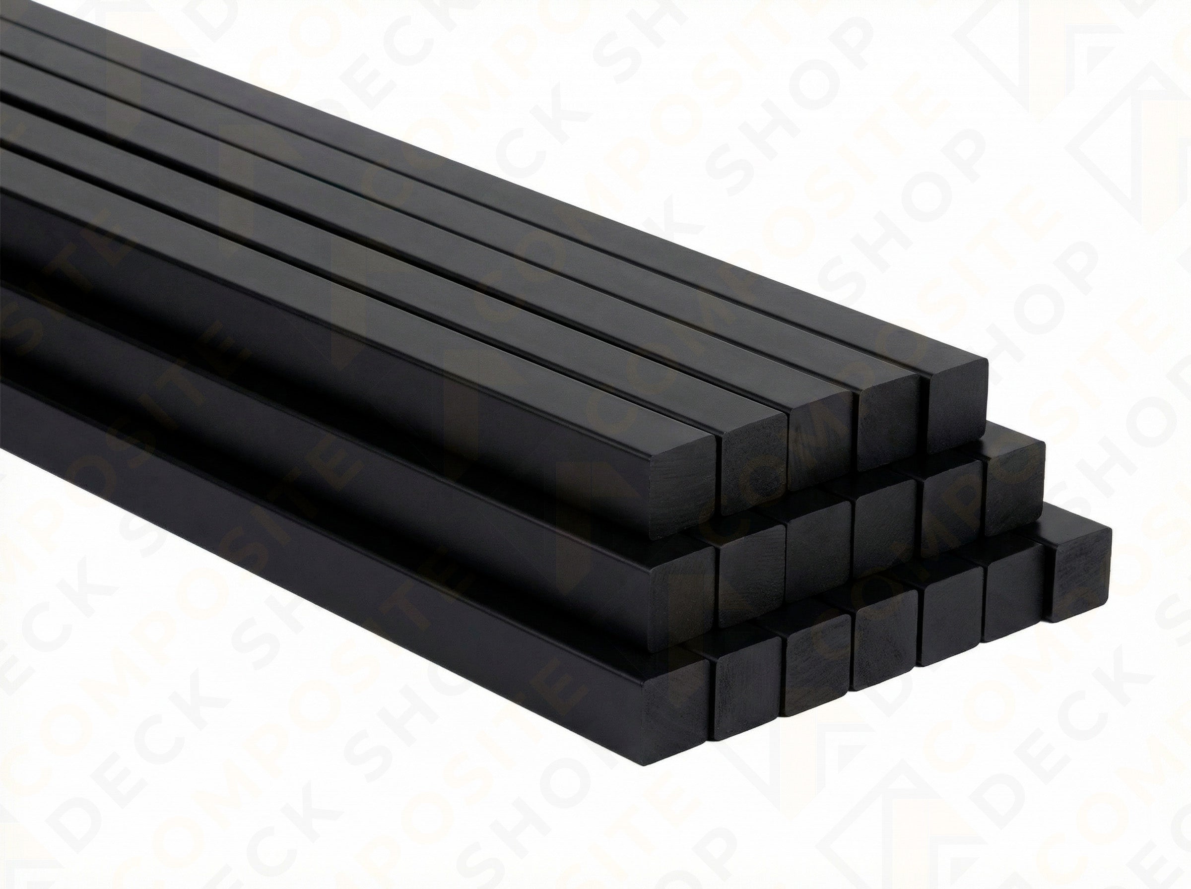 Stack of rectangular black composite decking joists, perfect for outdoor spaces or pairing with TimberTech Square Balusters.