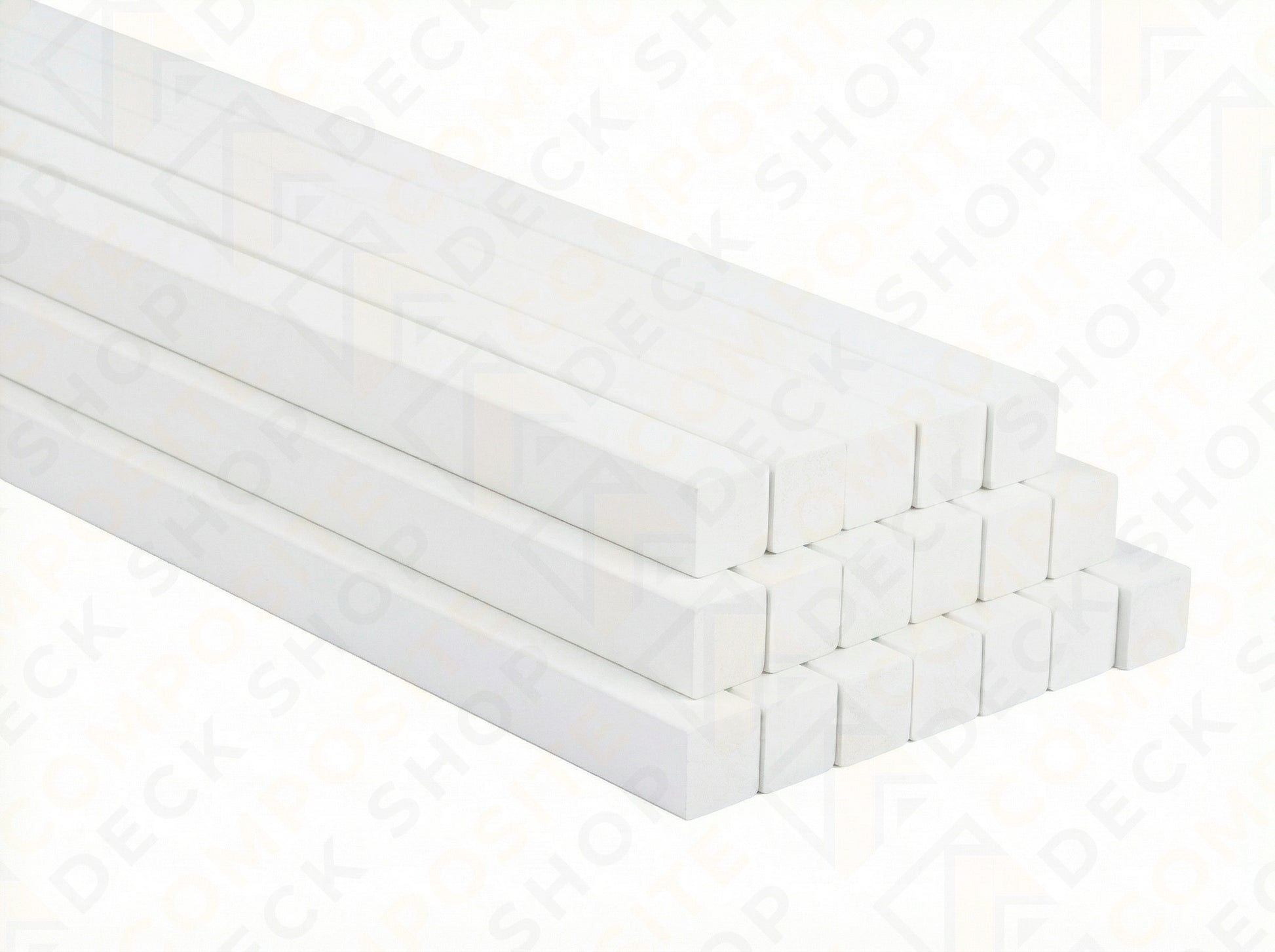 Stack of white TimberTech Square Balusters arranged in two rows, ideal for Composite Railing in outdoor spaces.