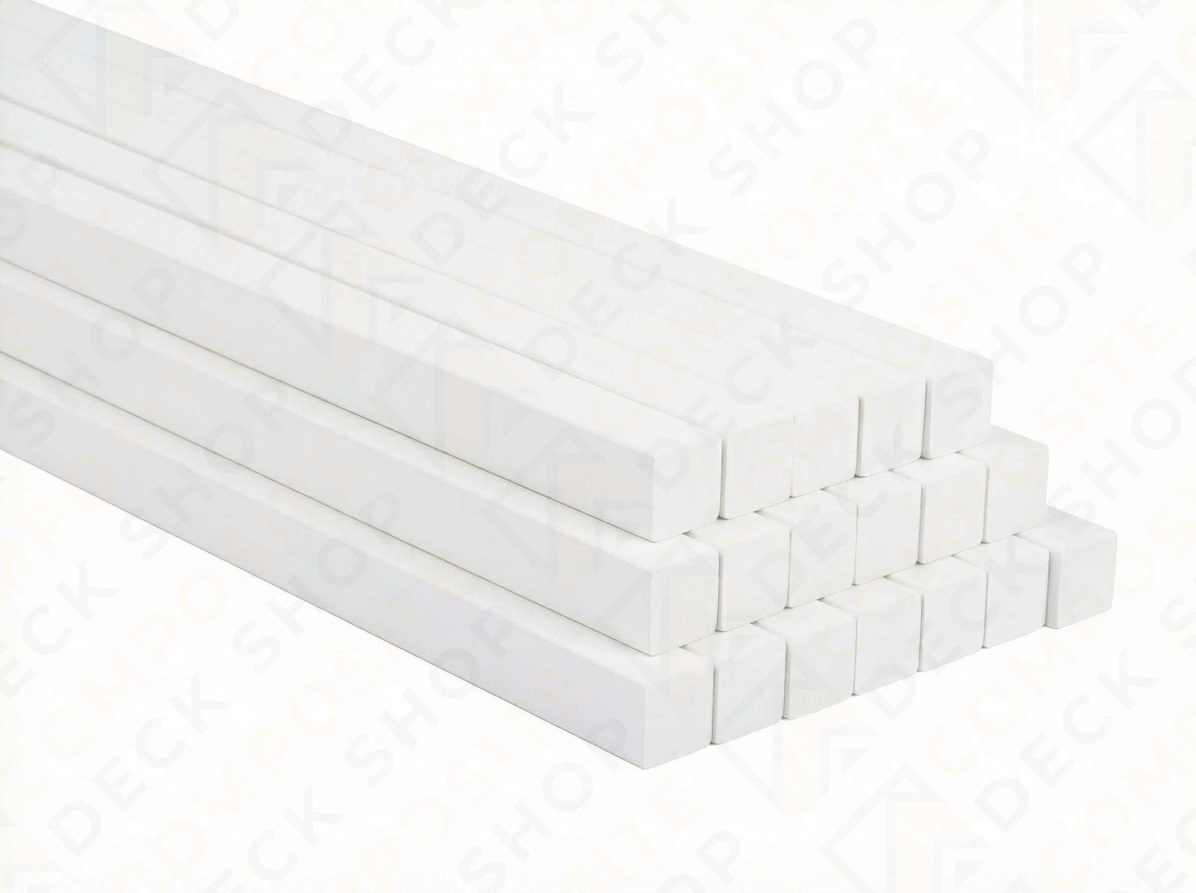Stack of white TimberTech Square Balusters arranged in two rows, ideal for Composite Railing in outdoor spaces.