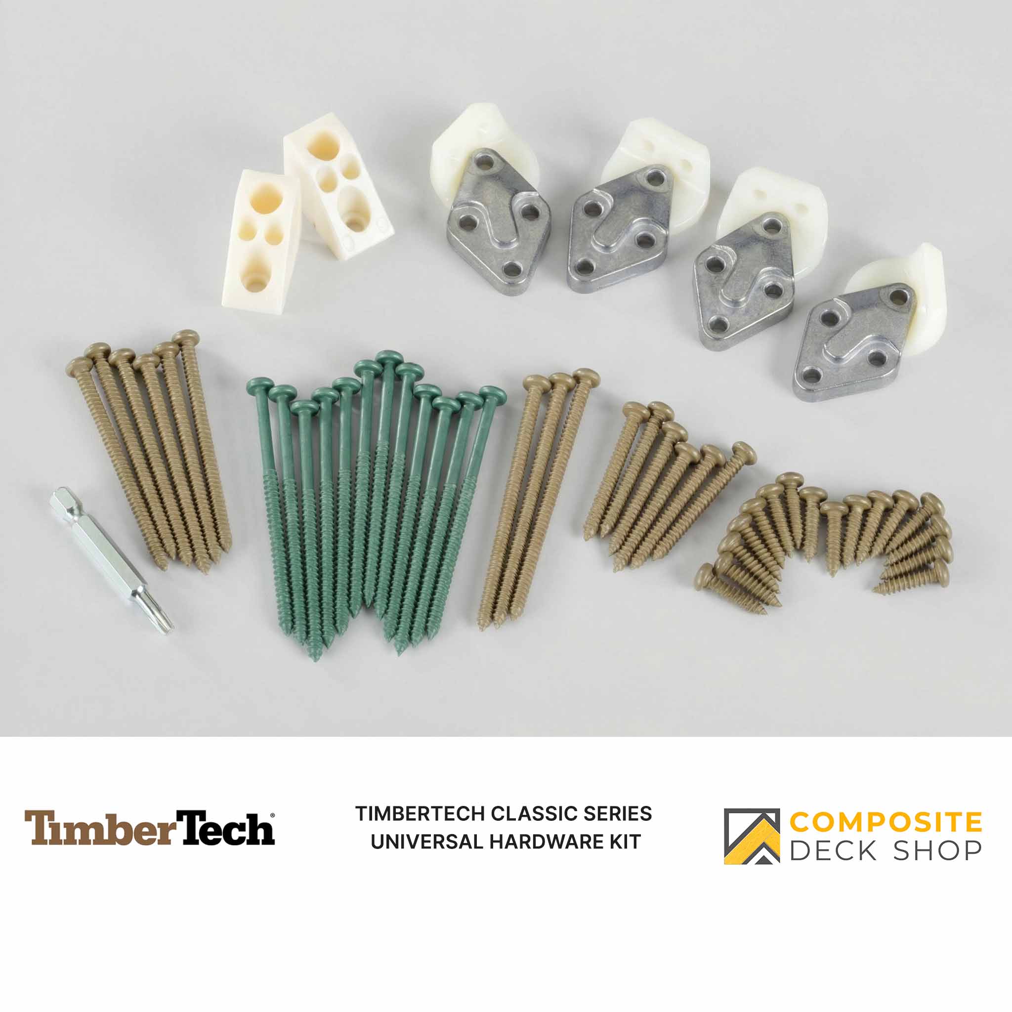 TimberTech Universal Hardware Kit with screws, brackets, and hidden fasteners for composite railing installation.