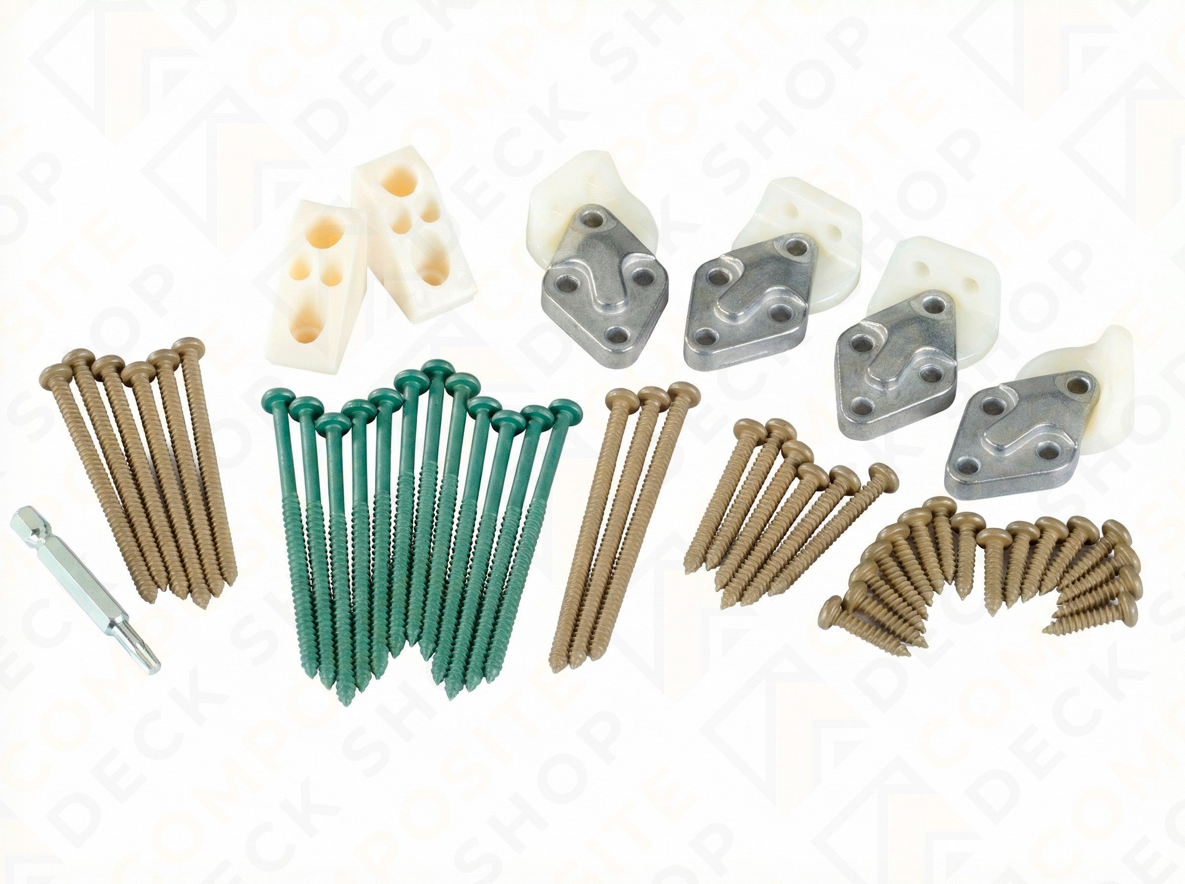 Assorted screws, brackets, and plastic connectors for TimberTech Universal Hardware Kit railing installation.