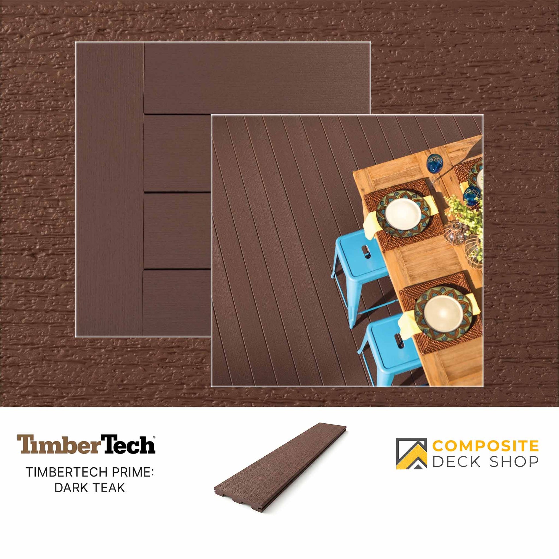Sample of TimberTech EDGE Prime capped decking in dark teak, shown with a top view of an outdoor dining setup.