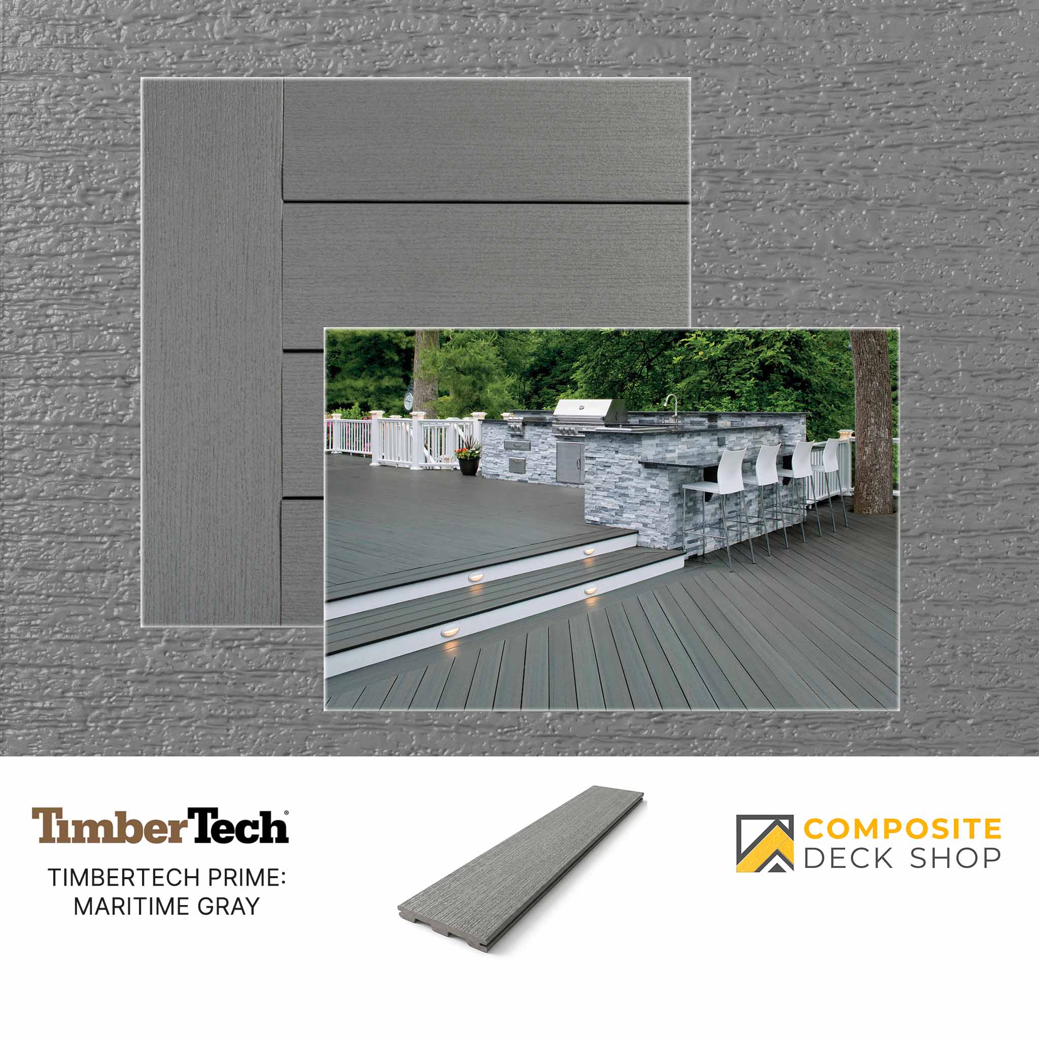Gray composite decking boards in patio with built-in grill; features TimberTech EDGE Prime scalloped board in Maritime Gray.