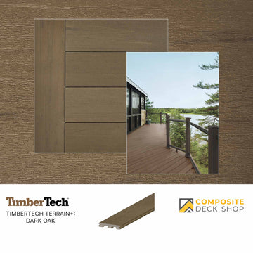 TimberTech TimberTech Terrain+ Dark Oak composite decking with a scenic deck background.