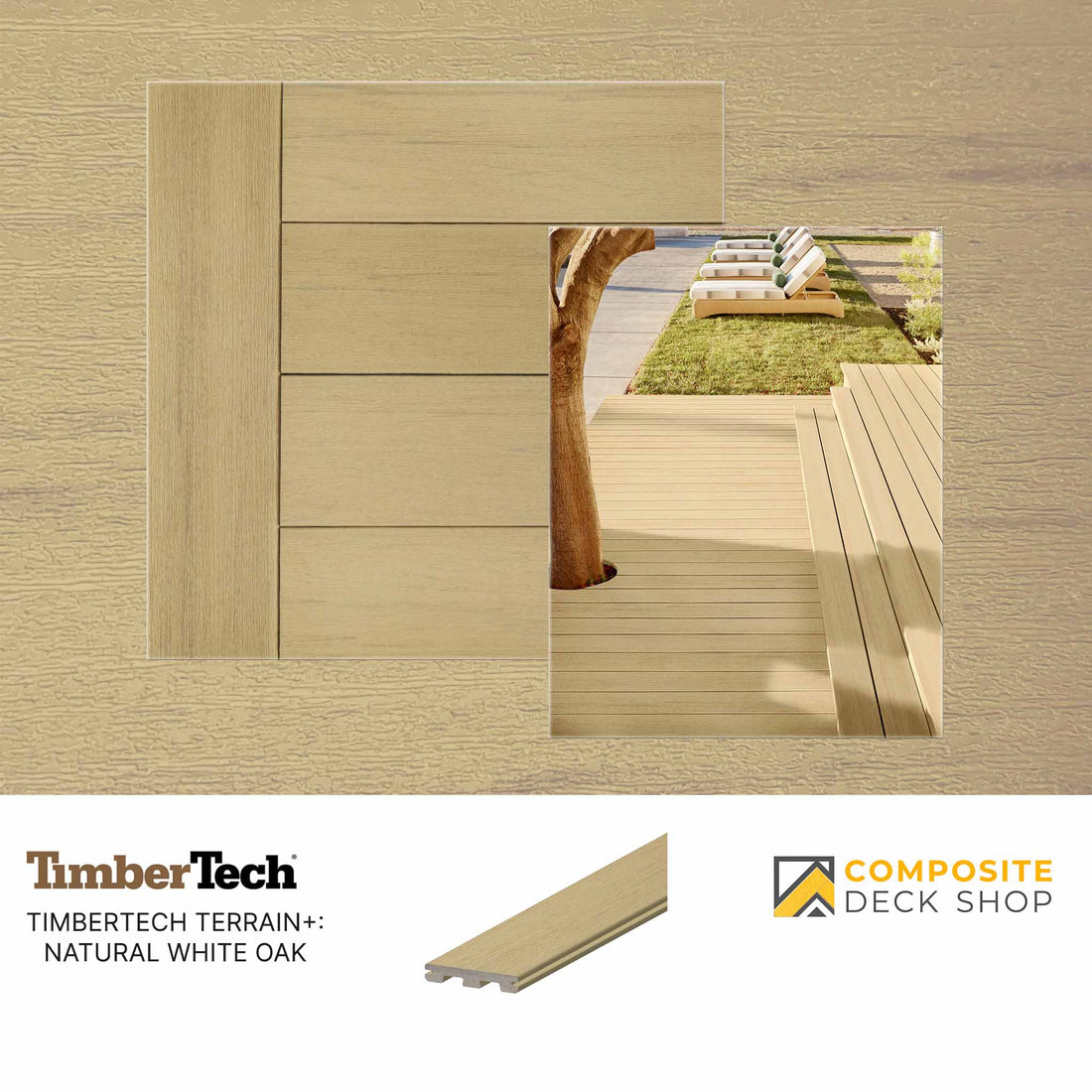 TimberTech TimberTech Terrain+ Dark Oak composite decking with a scenic deck background.