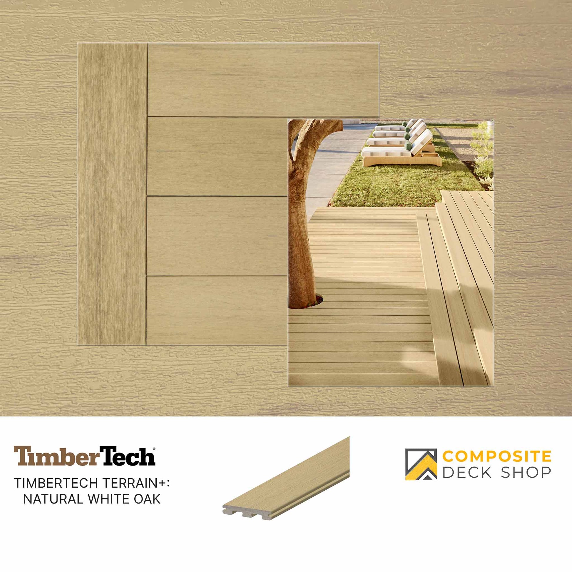 Sample of TimberTech Terrain+ Natural White Oak scratch-resistant composite decking shown close-up and installed outdoors.