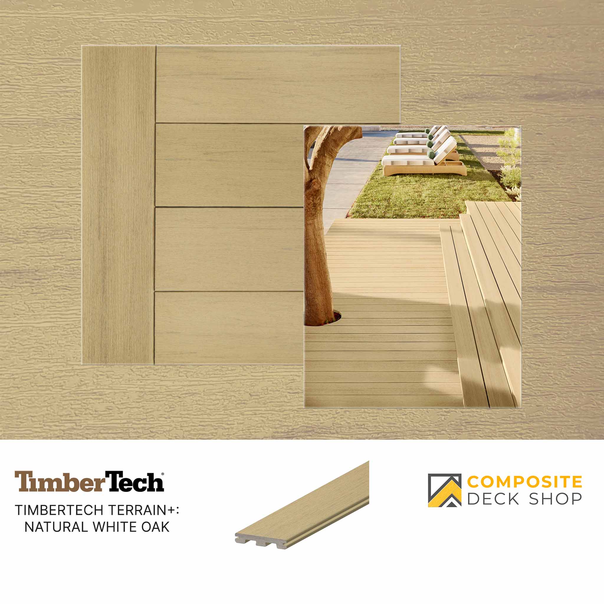 Sample of TimberTech Terrain+ Natural White Oak scratch-resistant composite decking shown close-up and installed outdoors.