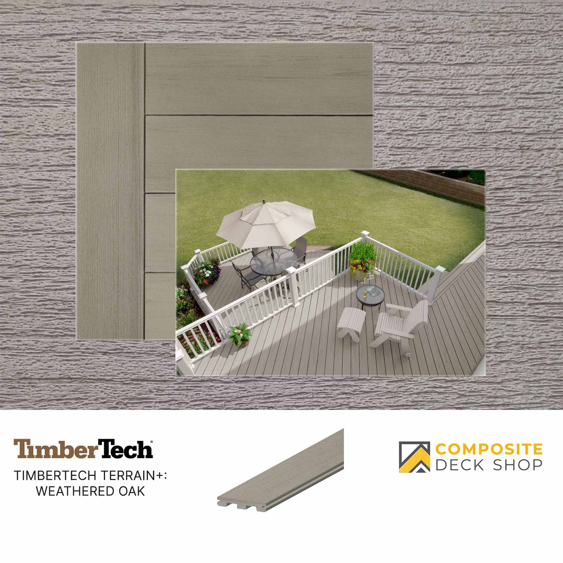 Sample of TimberTech Terrain+ Weathered Oak composite decking on a furnished deck, featuring eco-friendly product logos below.