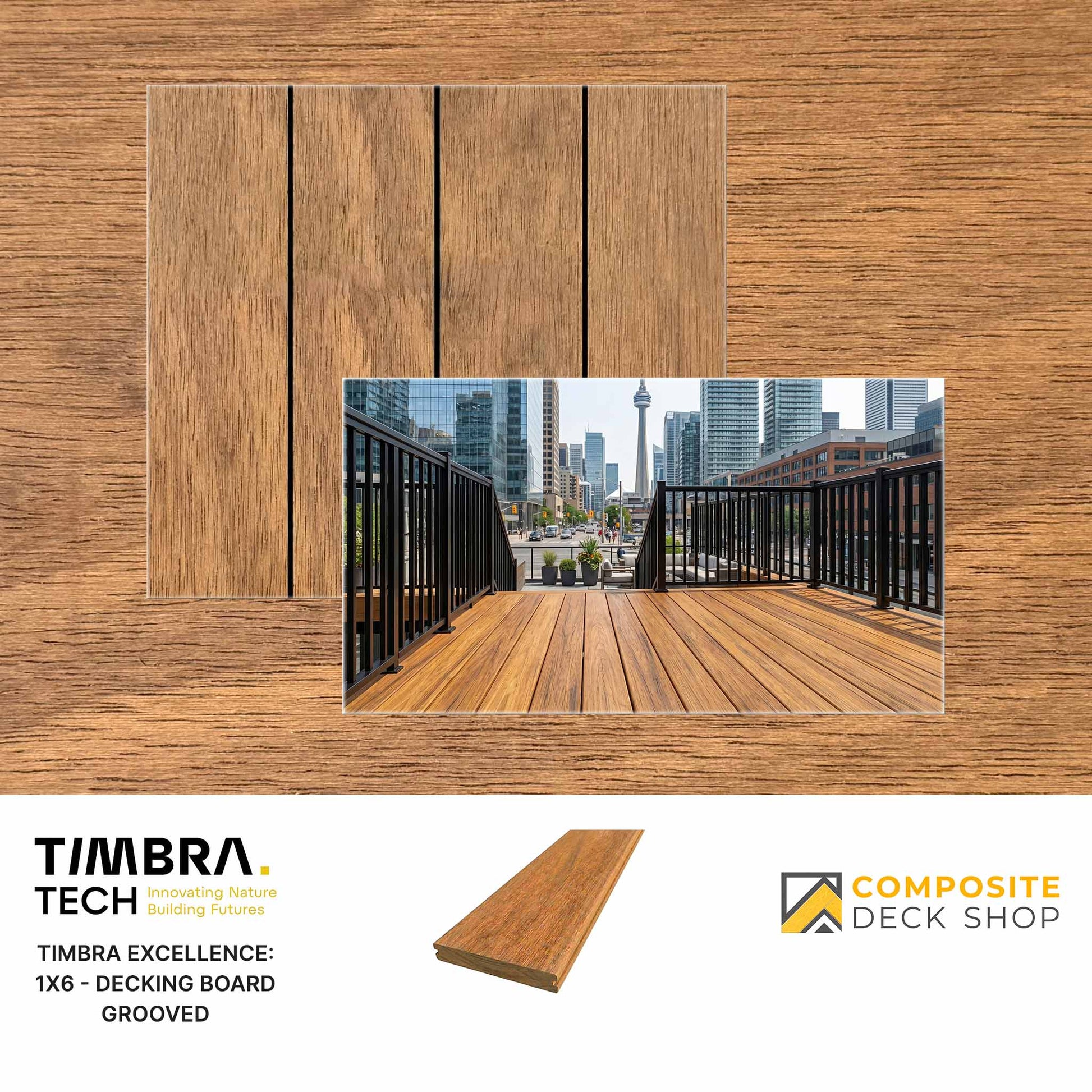 Timbra decking board with a cityscape background and brand logos.