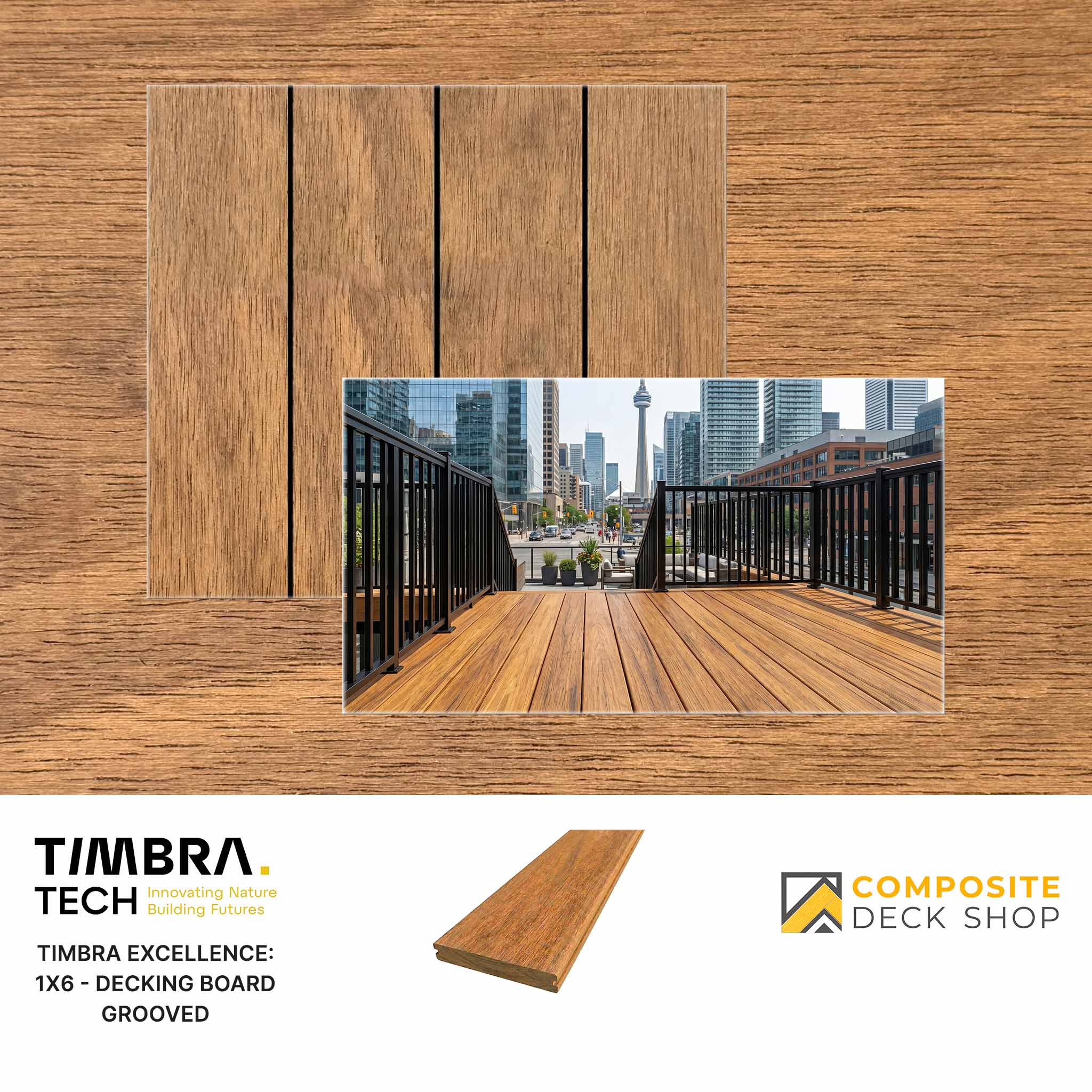 Timbra decking board with a cityscape background and brand logos.