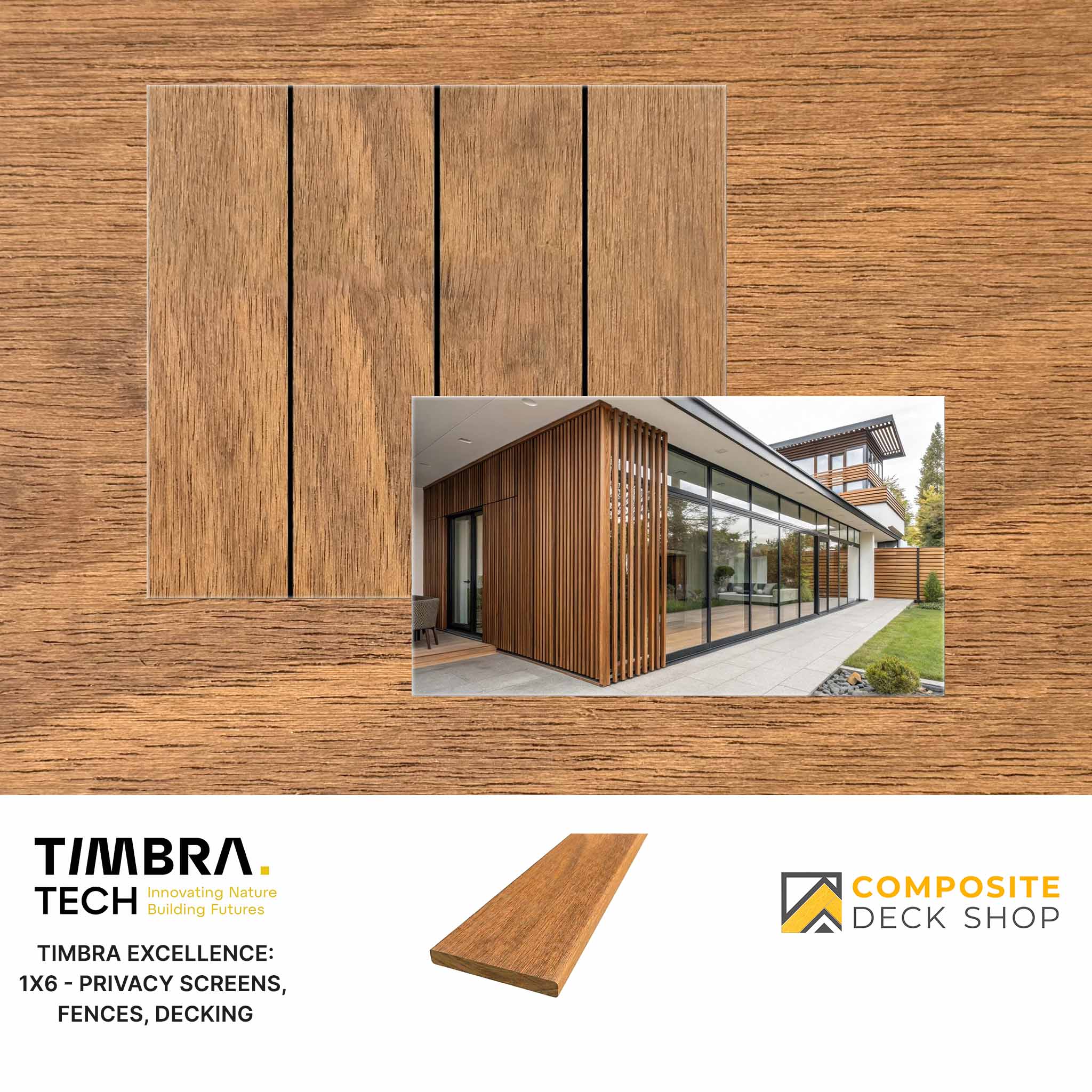 Sample Timbra Tech 1x6 durable outdoor decking with a photo of vertical wooden privacy screens on a modern building exterior.