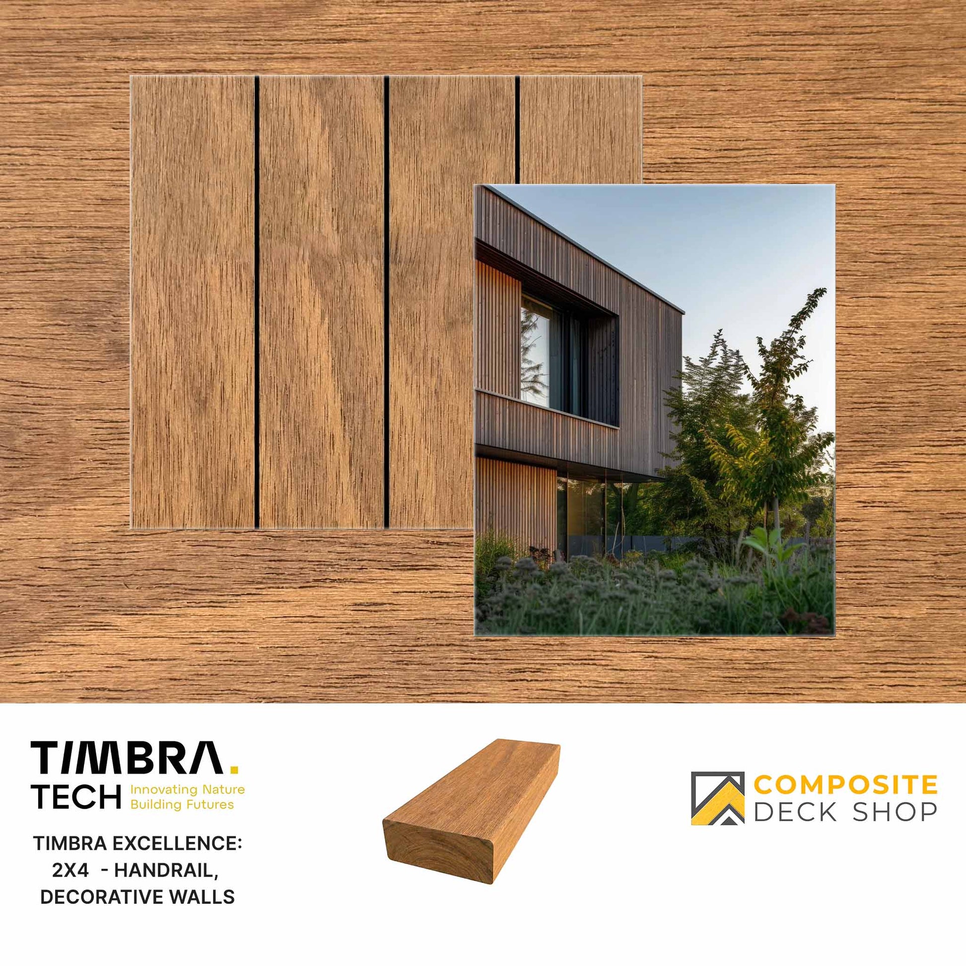 Sample of thermo-modified wood plank and siding, shown on a modern building with wood panel cladding.