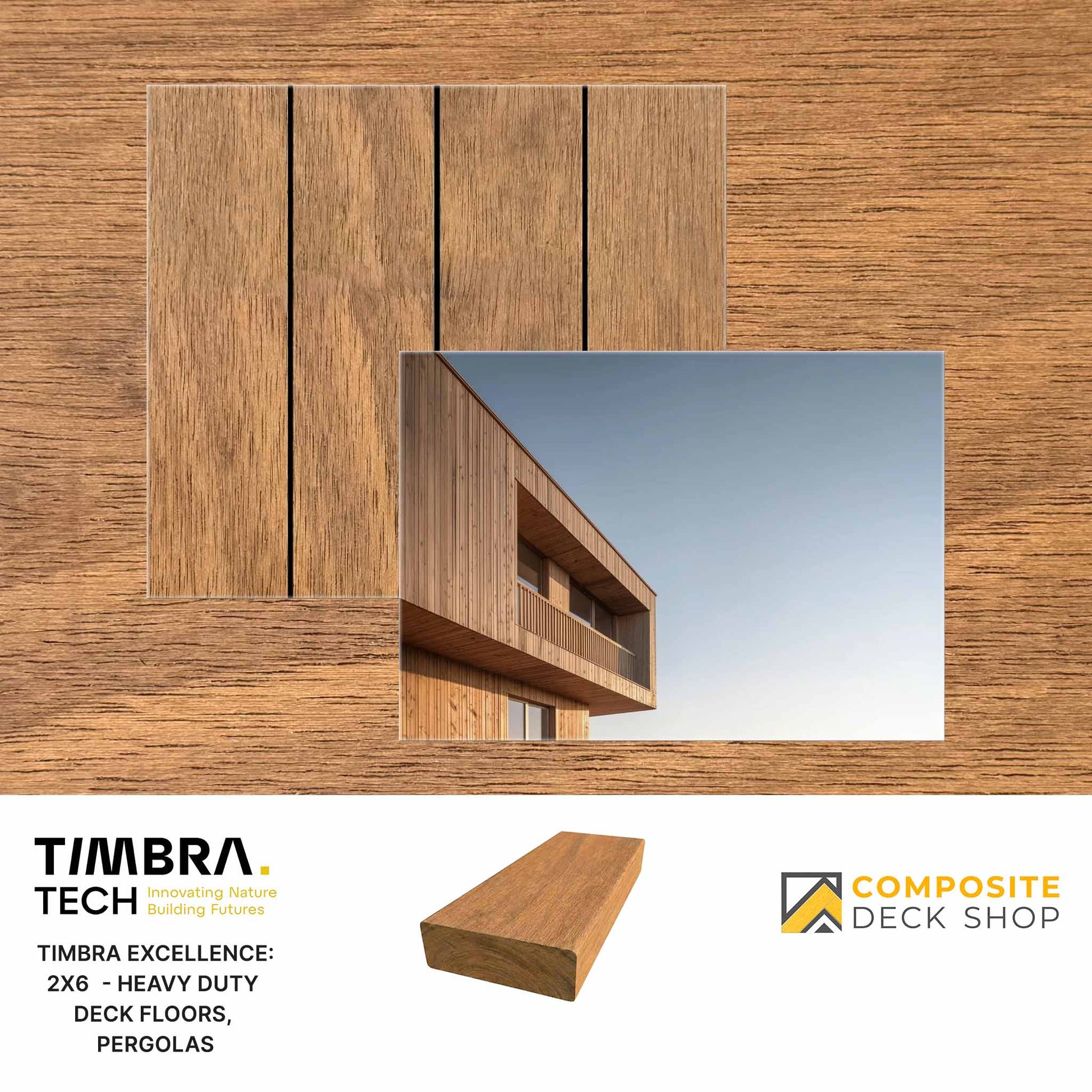 Hardwood deck board sample highlighting thermo-modified hardwood decking, close-up wood texture, and modern wooden facade.